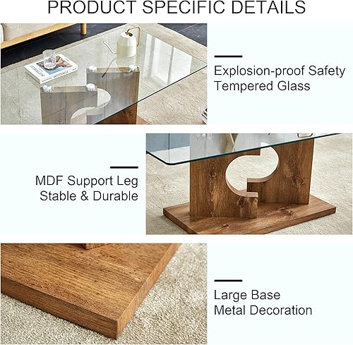 Miniatura 6 de Mesas de centro de cristal para sala de estar, mesa central rectangular moderna de 47.2 pulgadas, mesa de cóctel minimalista con parte superior de