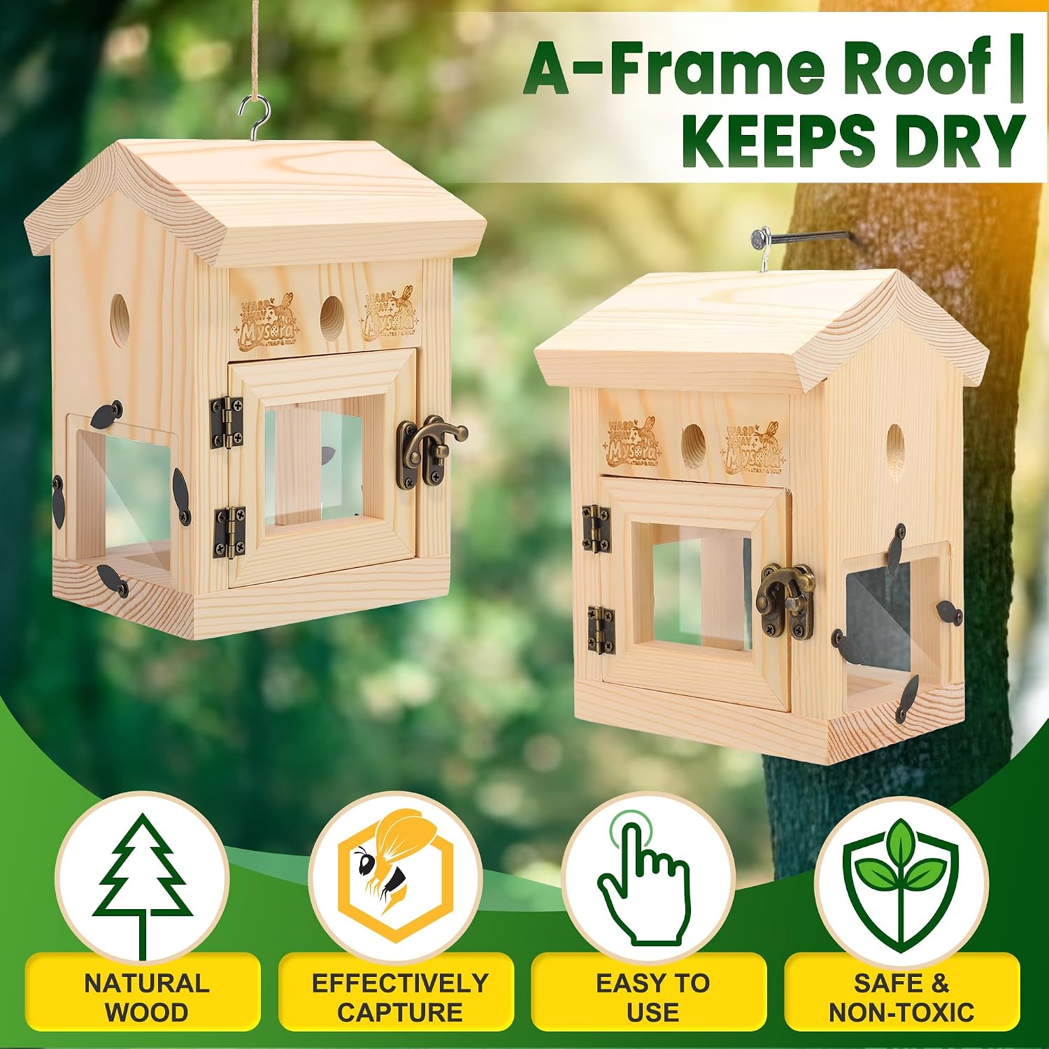 2 Pack Carpenter Bee Trap for Outside, 2 in 1 Catch & Release Wood Boring Bee Traps, Transparent Acrylic Viewing Chamber, Outdoor Hanging Pest Control for Garden, Yard (A Frame Roof)