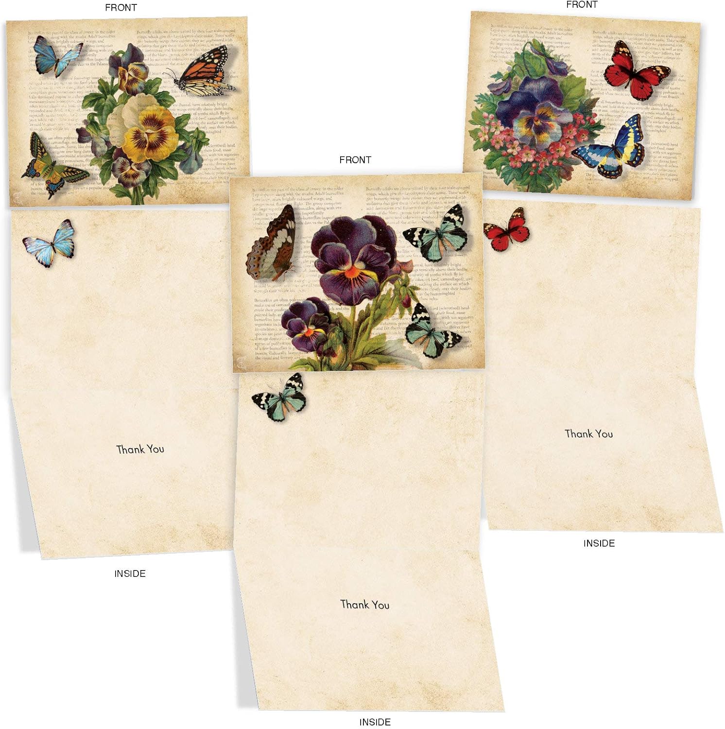 M6477TYG Fluttering Words: 10 Assorted Thank You Note Cards Featuring Collages of Vintage Pansy and Butterfly Images with Antiqued Book Pages - Image 5