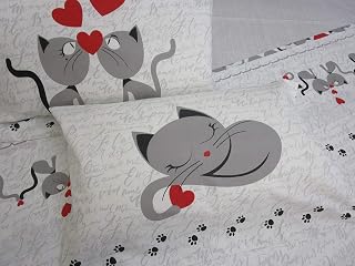 Bed Set with Kittens and Hearts Design Double - Single, Single and Half Colour:Grey 100% Cotton Natural Fiber Made in Italy Maxi Sizes New 2021!!!!