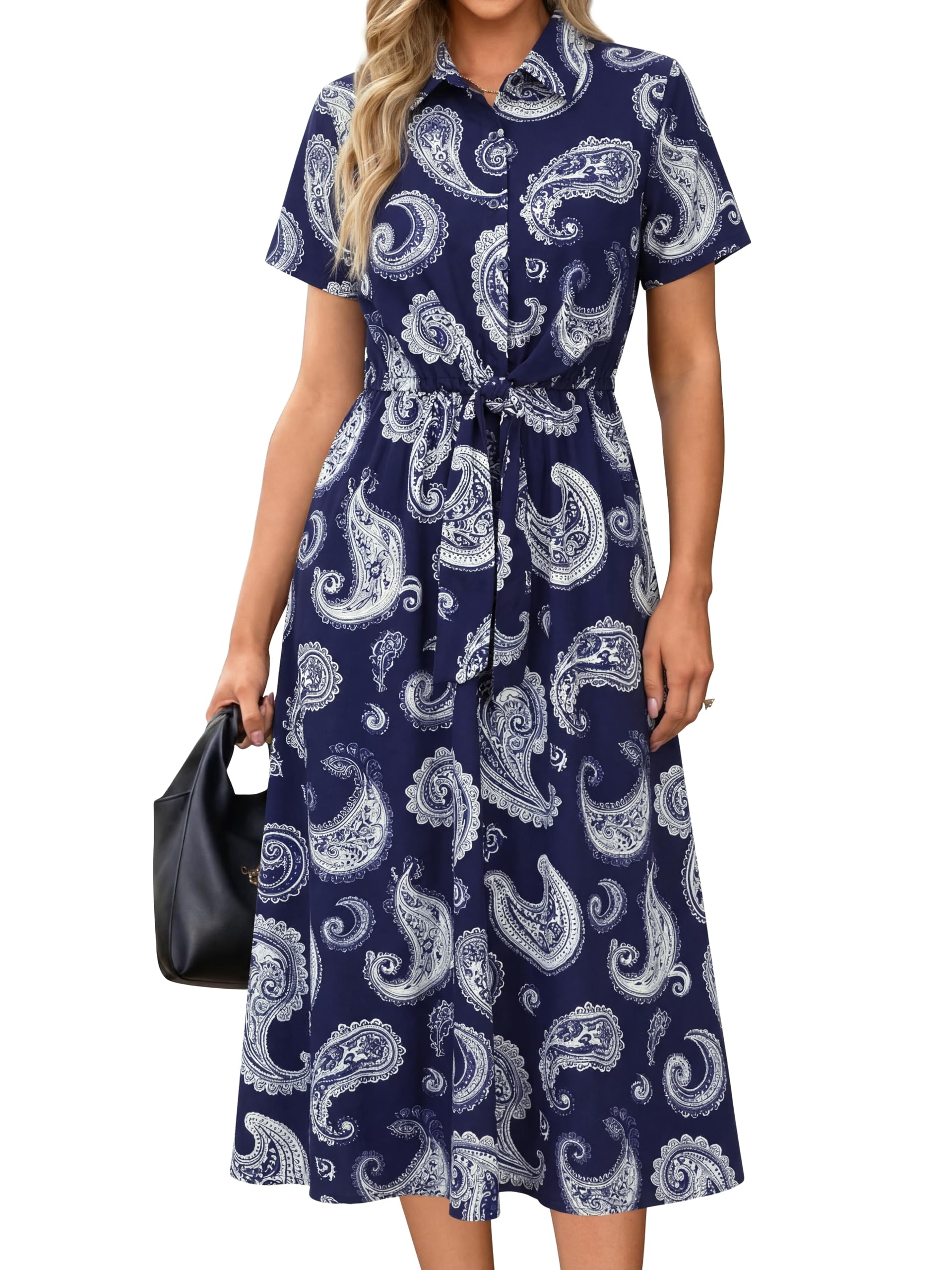 Newshows Women's Work Business Casual Outfits Tie Waist Midi Shirt Dress