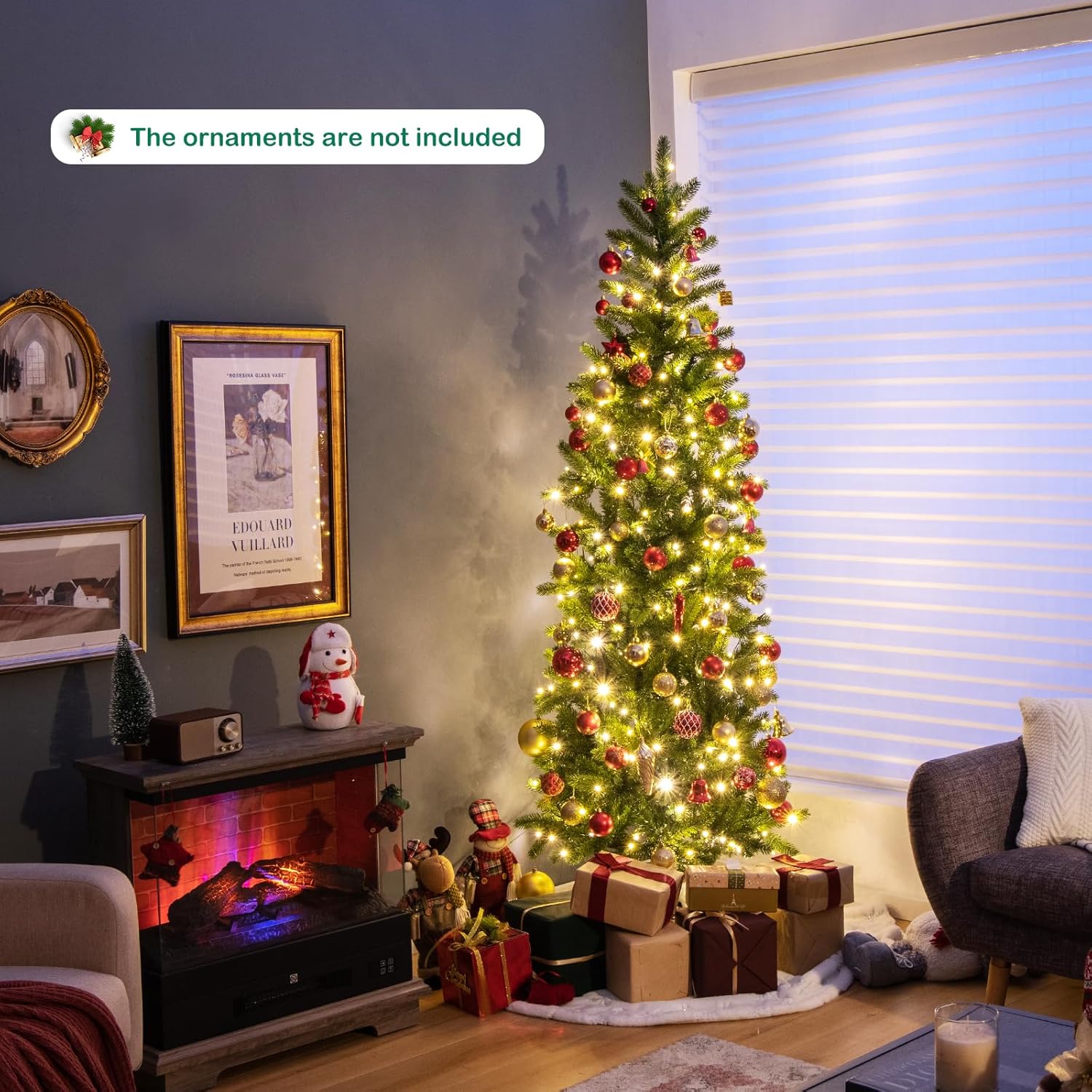 Goplus 5ft Pre-Lit Pencil Christmas Tree, Hinged Artificial Slim Tree with 390 PVC PE Branch Tips, 180 LED Lights, Life-Like Xmas Tree for Indoor Home Office Decor, Easy Setup