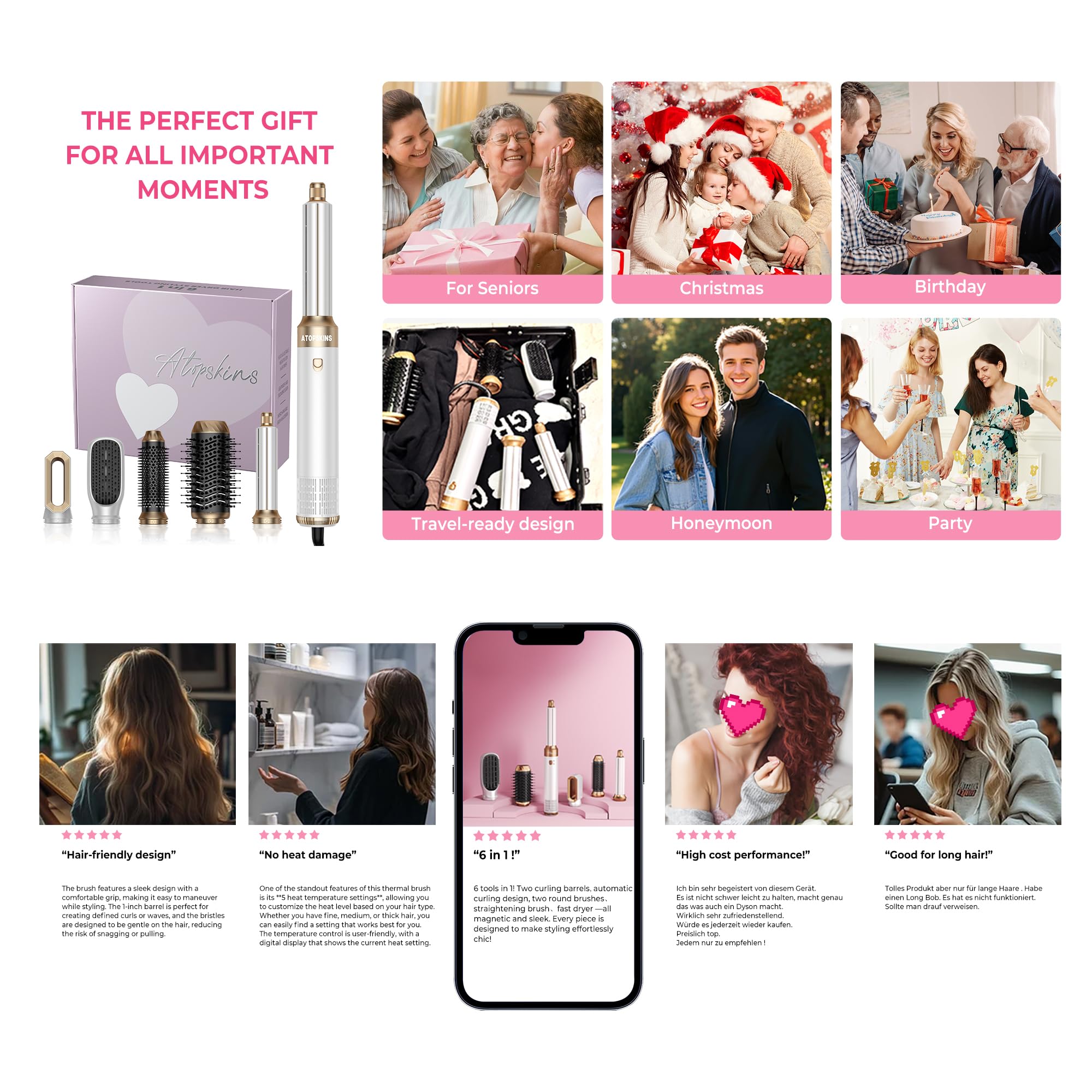 Atopskins Hairstyler 6 in 1 Airbrush Haarstyler Pro Air Styler mit Haartrockner, Auto-Hair Wrap, Warmluftbürste, Föhnbürste, Rundbürstenföhn, Geben Sie dem Haar Volumen, Glätten, Locken und Föhnen