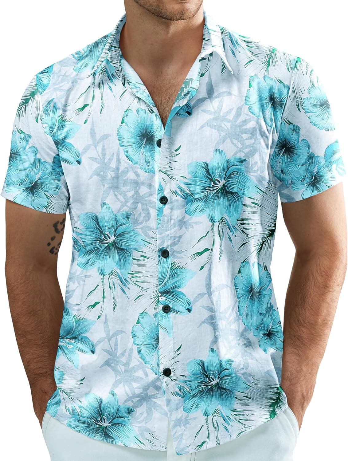 JOGAL Men's Flower Casual Button Down Short Sleeve Hawaiian Shirt