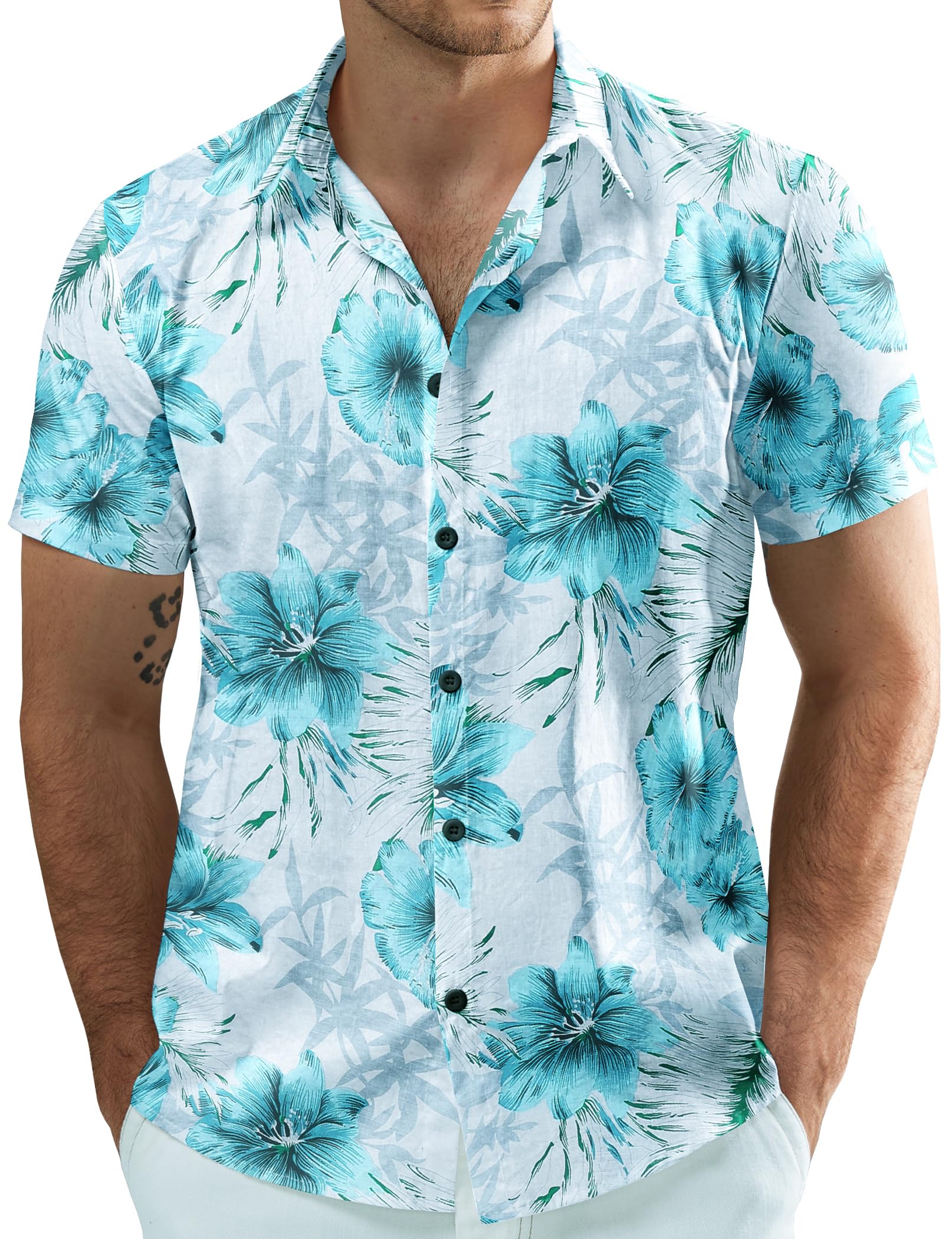 JOGAL Camicia hawaiana da uomo a maniche corte con bottoni