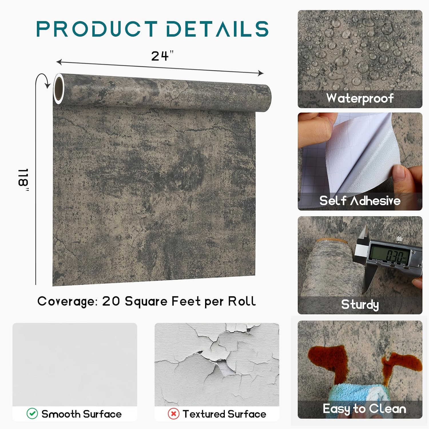 VEELIKE Grunge Weathered Concrete Wallpaper Peel and Stick Industrial Cement Wallpaper for Bedroom Living Room Accent Wall 24''x118'' Removable Self Adhesive Concrete Contact Paper for Walls Bathroom