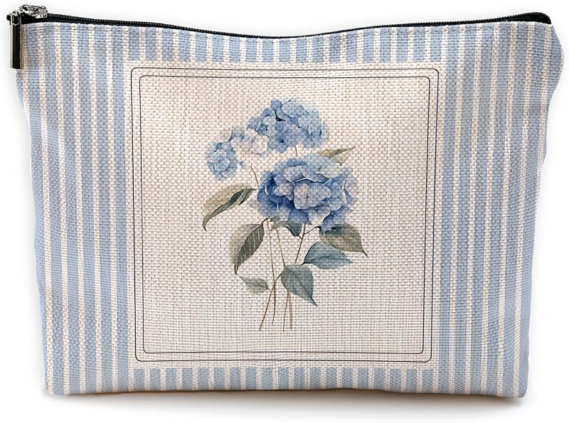Necessaire Yomisex Floral com Zíper, Estampa Hortênsia Azul com Listras