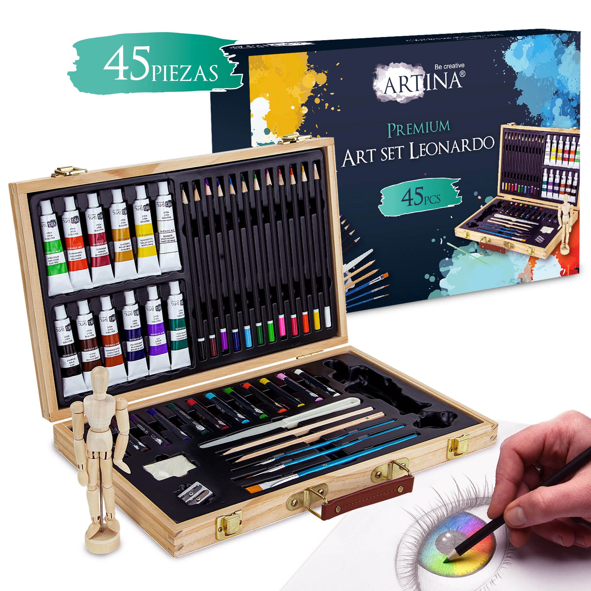 Artina Leonardo - Set de pintura (45 pzas.) - Maletín con colores acrílicos, lápices, Pinceles, Pasteles y maniquí