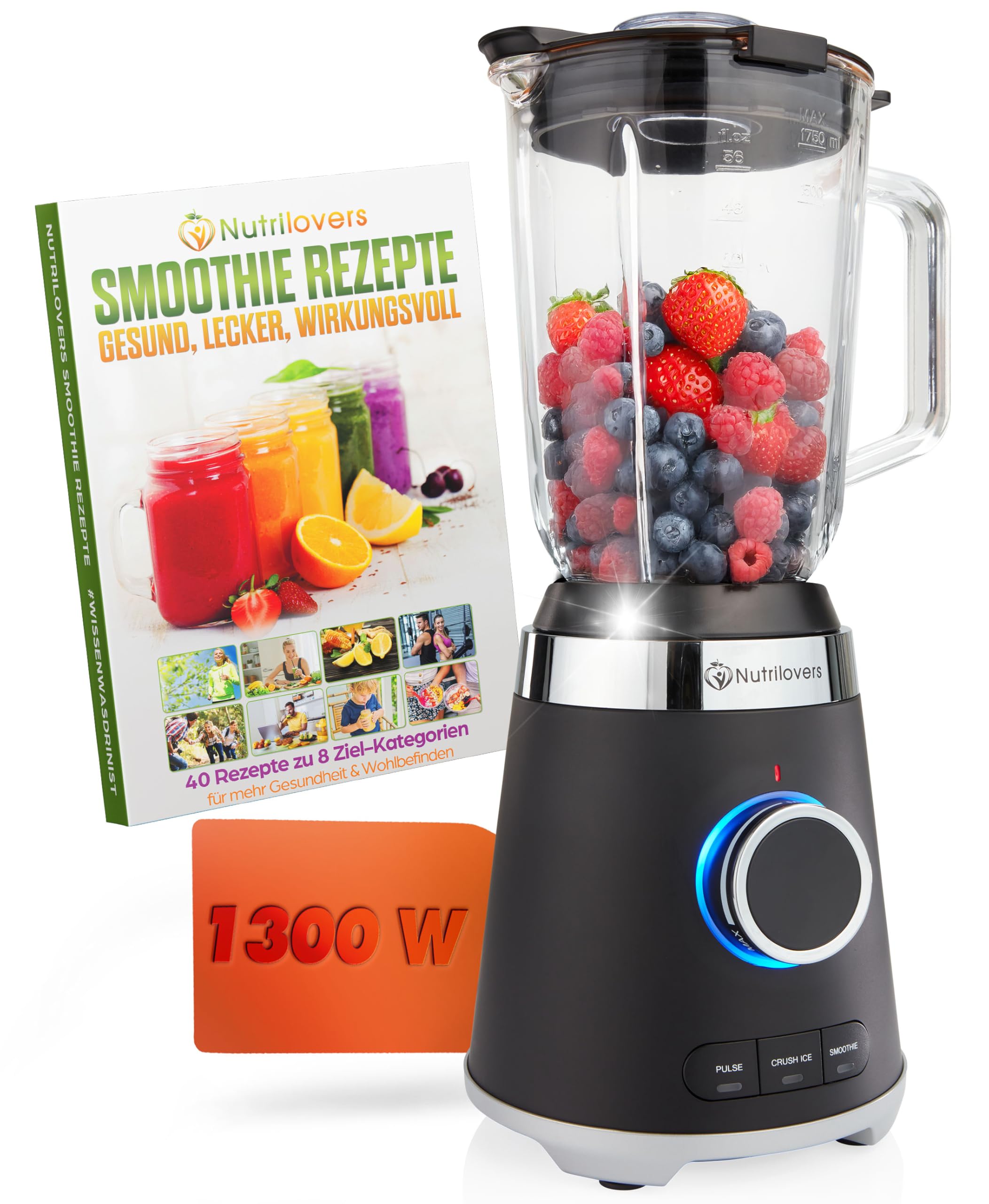 NUTRI-BLENDER GLAS mikser stojący o wysokiej wydajności, 1300 W, mikser do smoothie, profesjonalny blender, szklany pojemnik 1,75 l, obudowa ze stali nierdzewnej, 4 ostrza, nie zawiera BPA, cichy