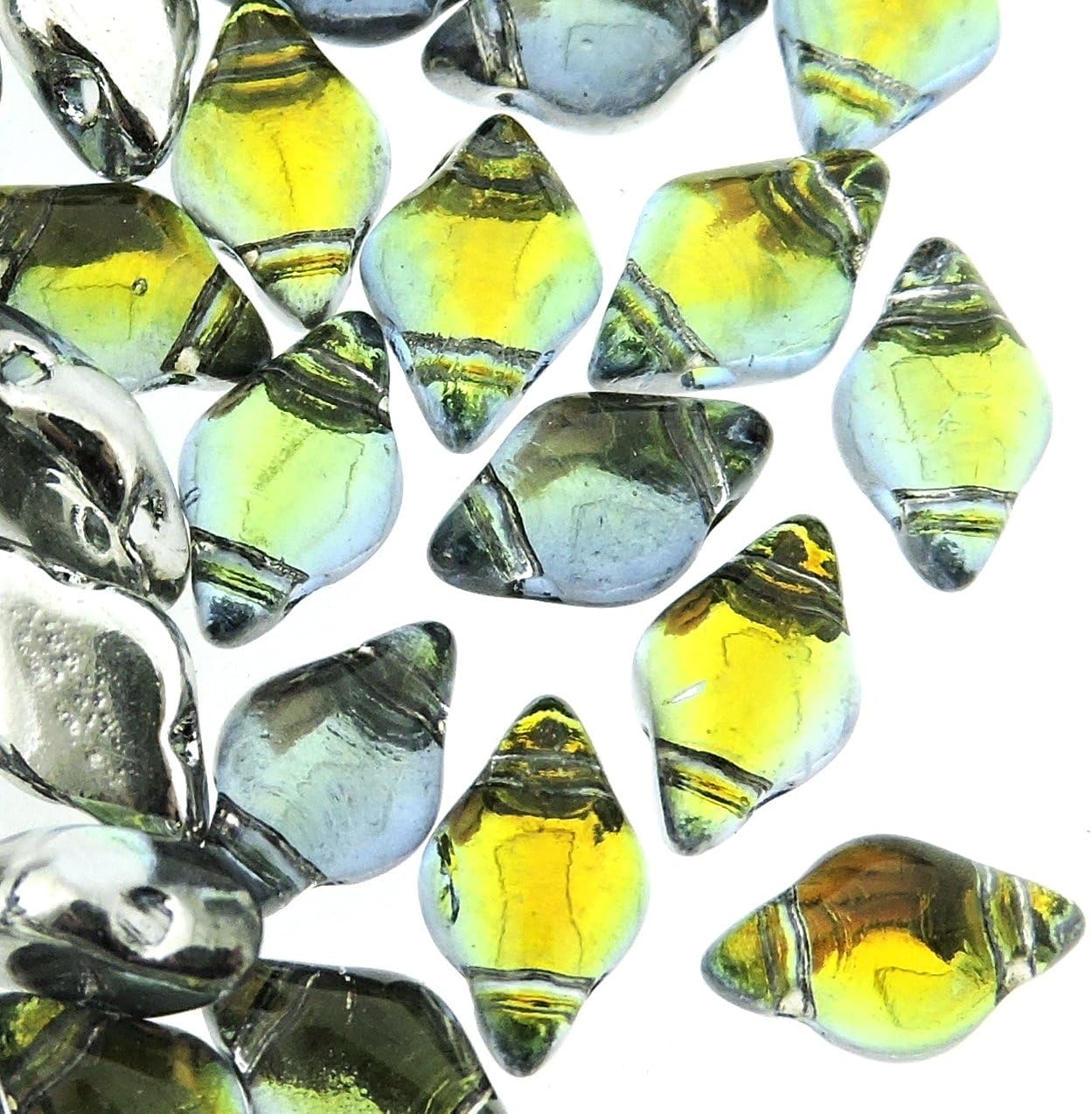 Czech Glass GemDuo Beads, 2-Hole Diamond Shaped Beads 5x8mm, 10 Grams, Backlit Uranium