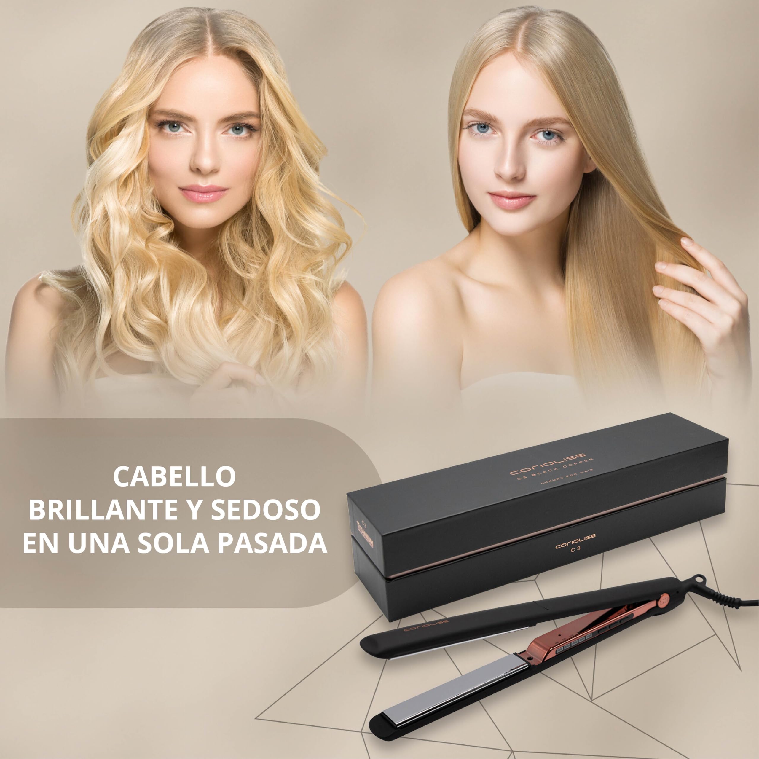 Corioliss C3 | Plancha del pelo Profesional | Placas extralargas de titanio | Alisado y Ondas | Temperatura ajustable 135º-235º | Calentamiento 20 seg | Con funda de Viaje | Black Copper