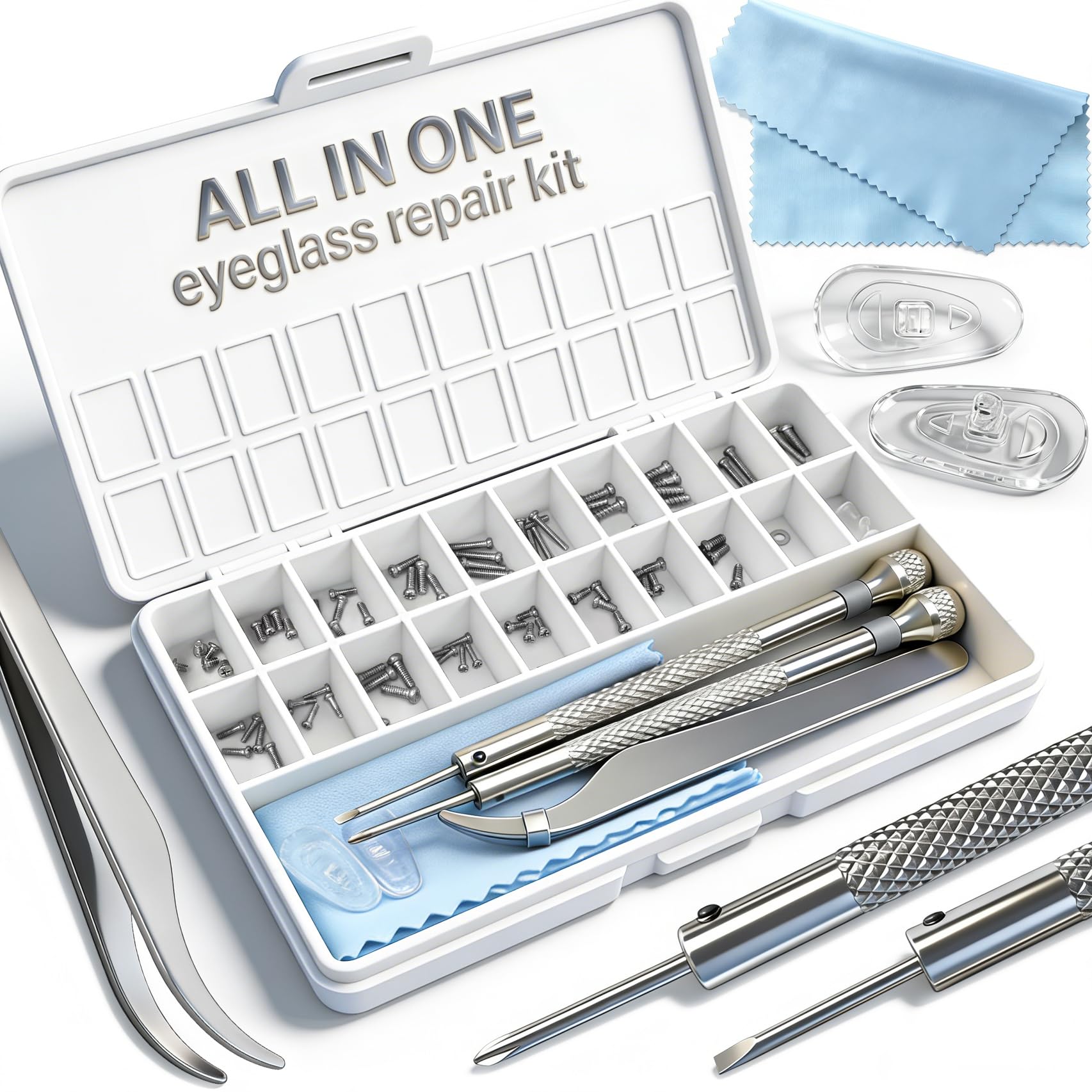 Eyeglass Repair Kit with 18 Sizes Screws 1 4mm Precision Screwdrivers Tweezers Nose Pads Cloth - Compact Eye