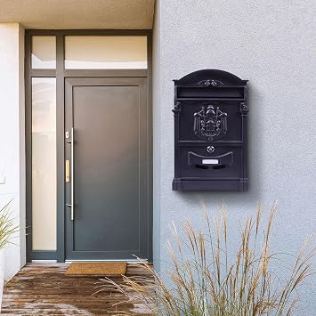 Black Wall Mounted Lockable Letterbox - Weather Resistant Galvanised Steel Retro Style Post Mail Box with Handy House Name or Number Slot, Easy View Window & 2 Keys – Measures H41 x W25.5 x D9cm