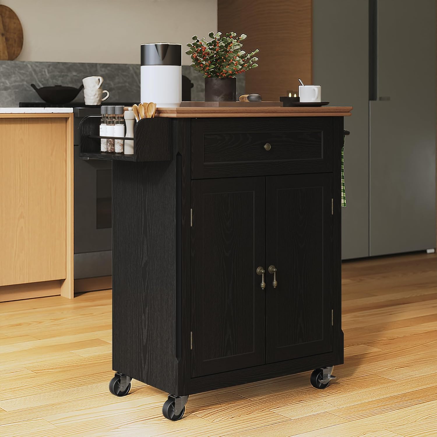 HLR 26'' Small Kitchen Island, Vintage Wood Rolling Kitchen Island Cart with Storage Cabinet and Drawer, Kitchen Cart on Wheels with Spice Rack & Towel Rack for Dining Room, Black