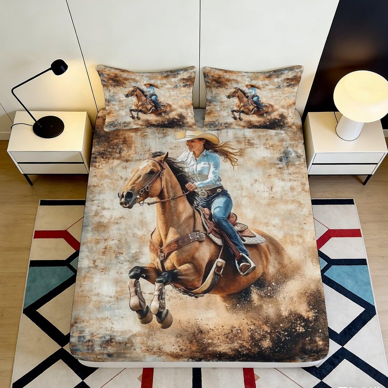 Pnayamiorkfel Style-10 3D Printed Rodeo Horse Fitted Sheet Microfiber Brown Western Cowboy Bed Cover Non Slip Bedroom Decor Machine Washable 90X200x25cm