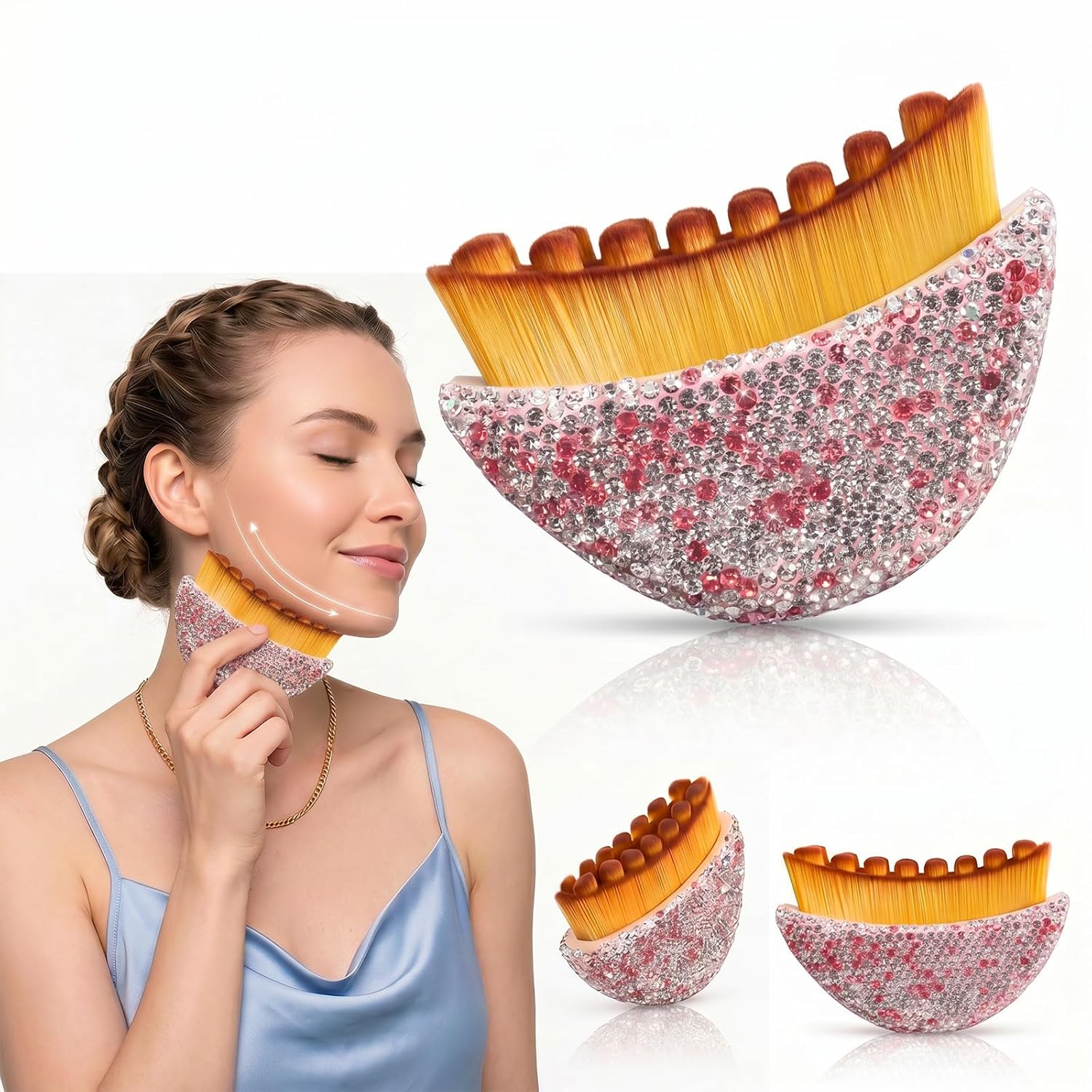 Lymphatic Contour,Glitter Diamond Handle Lymphatic Drainage, Soft Dry Brush for Face Neck Chin, Ergonomic Brush for Face Contour Massager (PINK WHITE)
