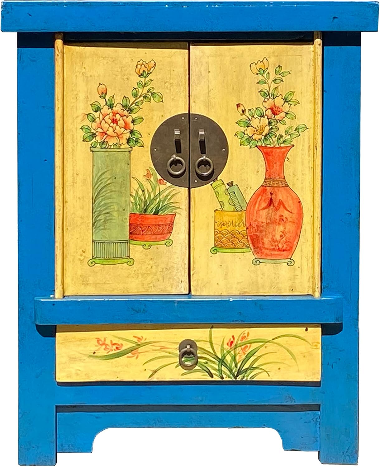 Chinese Rustic Bright Blue Yellow Graphic End Table Nightstand Acs7455
