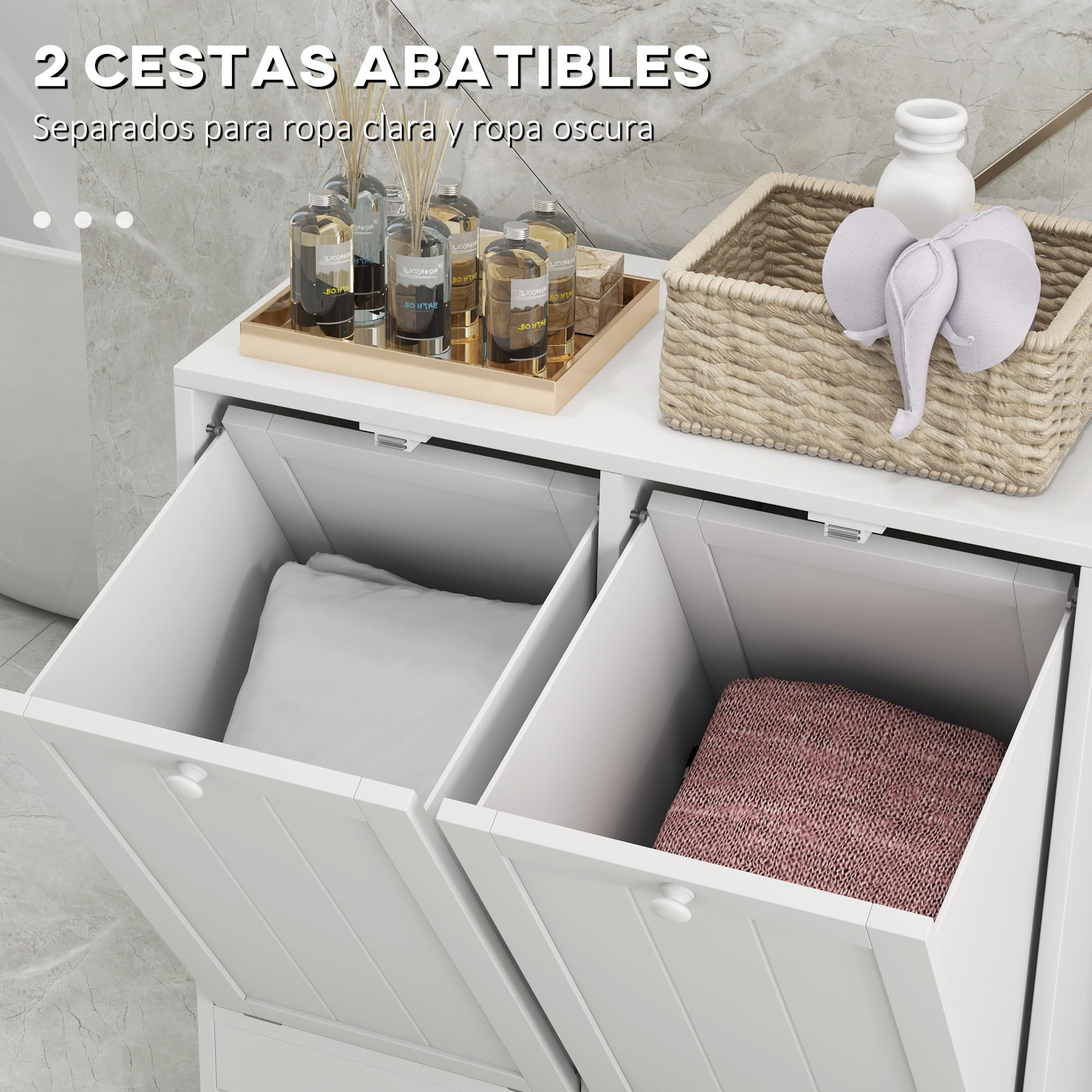 kleankin Armario de Baño con Cestos Ropa Sucia Blanco 66x33x68 cm | Mueble Ropa Sucia, 2 Compartimentos, Ideal para Lavandería