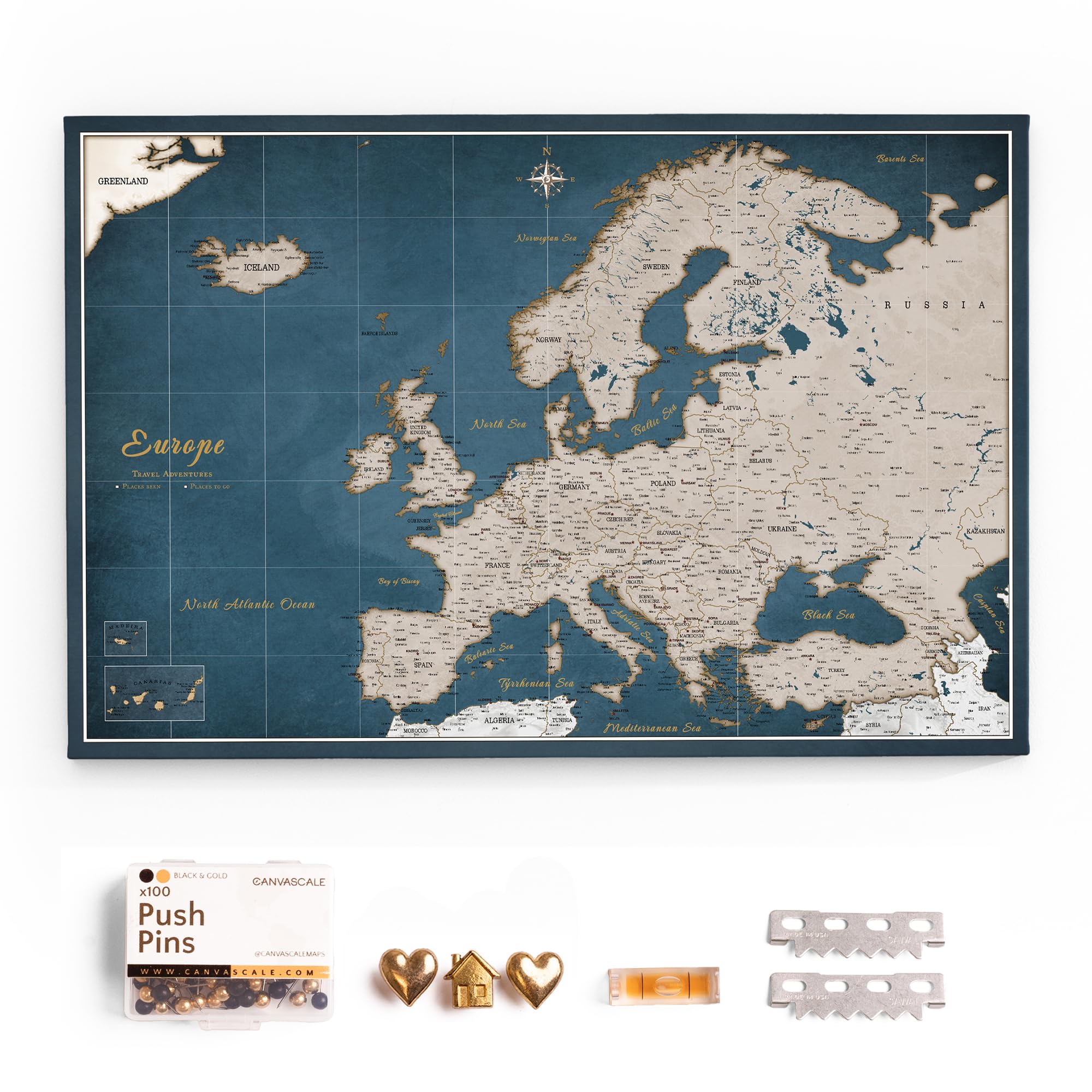 Canvas Europe Map with Cork Pin Board - Decorative Wall Decoration for All Rooms - Canvas Pictures with Europe Map Motif (70x50 cm, Pattern 19)