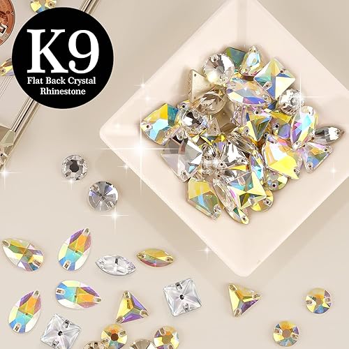Miniatura 4 de 48 diamantes de imitación para coser con parte trasera plana de formas mixtas con 2 agujeros, gemas de cristal K9 para coser, para manualidades,