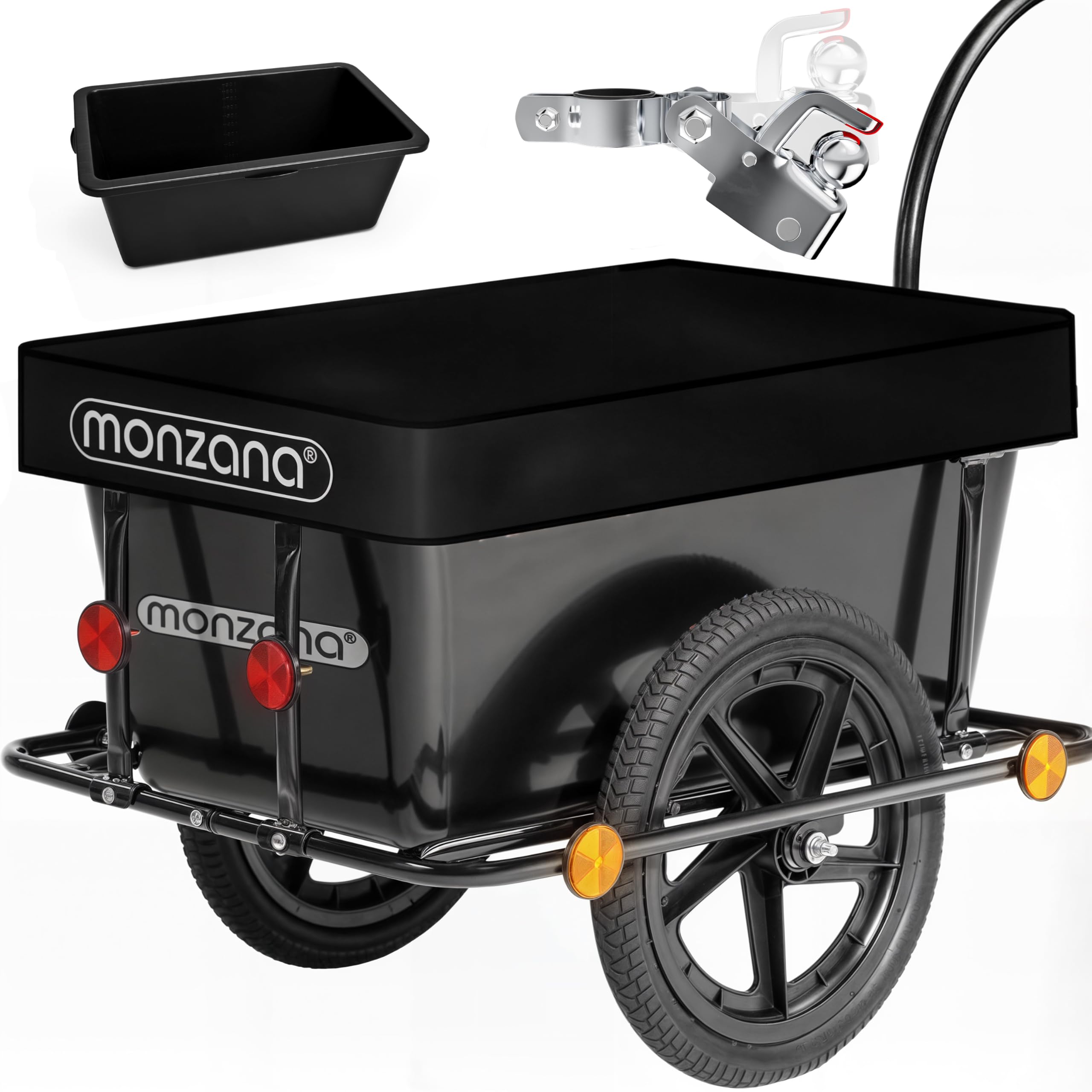 MONZANA® Bicycle Trailer with 90L Plastic Tub & Tarpaulin Cover | Galvanised Safety Coupling Towing Hitch | Universal Tagalong Transport Cargo Pet Trolley Cart | Pneumatic Tyres | Reflectors | Black