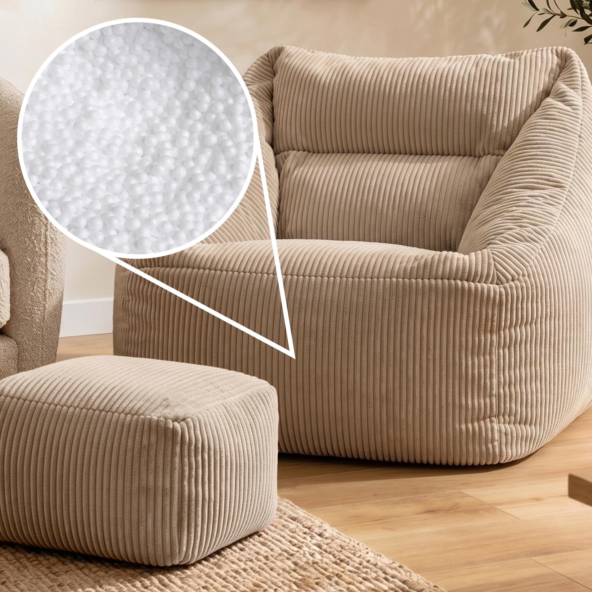Icon Natalia Sitzsack Sessel mit Hocker für Erwachsene, Beige, Flauschiger Cord Stoff, Riesen Sitzsack Cord mit Füllung, Bean Bag Chair, Bequemer Sessel Wohnzimmer, Lounge, Schlafzimmer, Büro