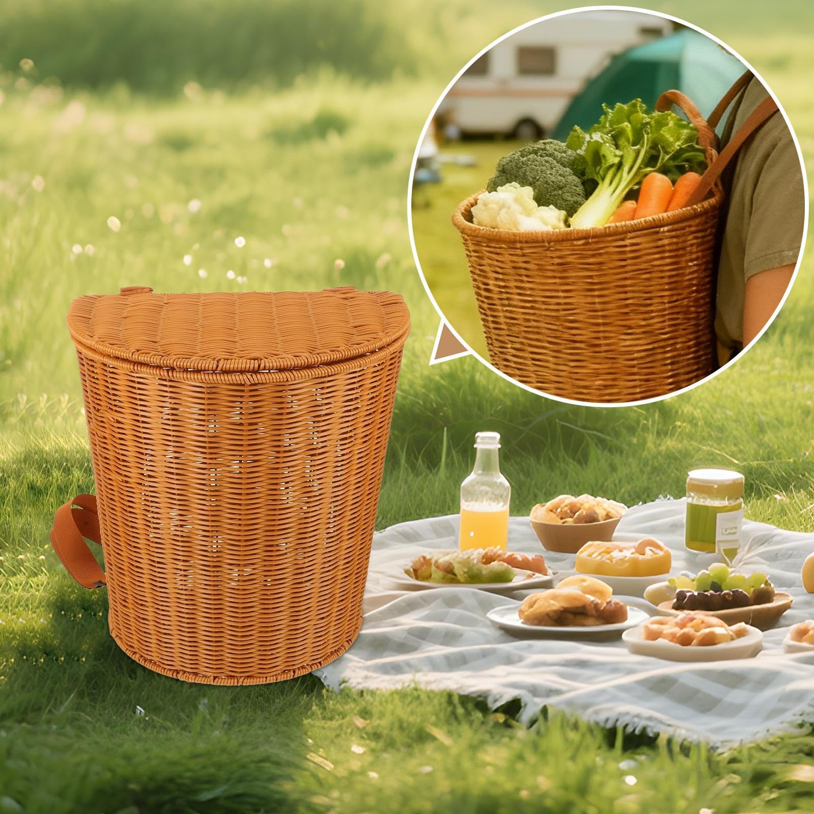 Großer Picknickkorb mit Deckel, Schultergurten und Aufbewahrungsfach