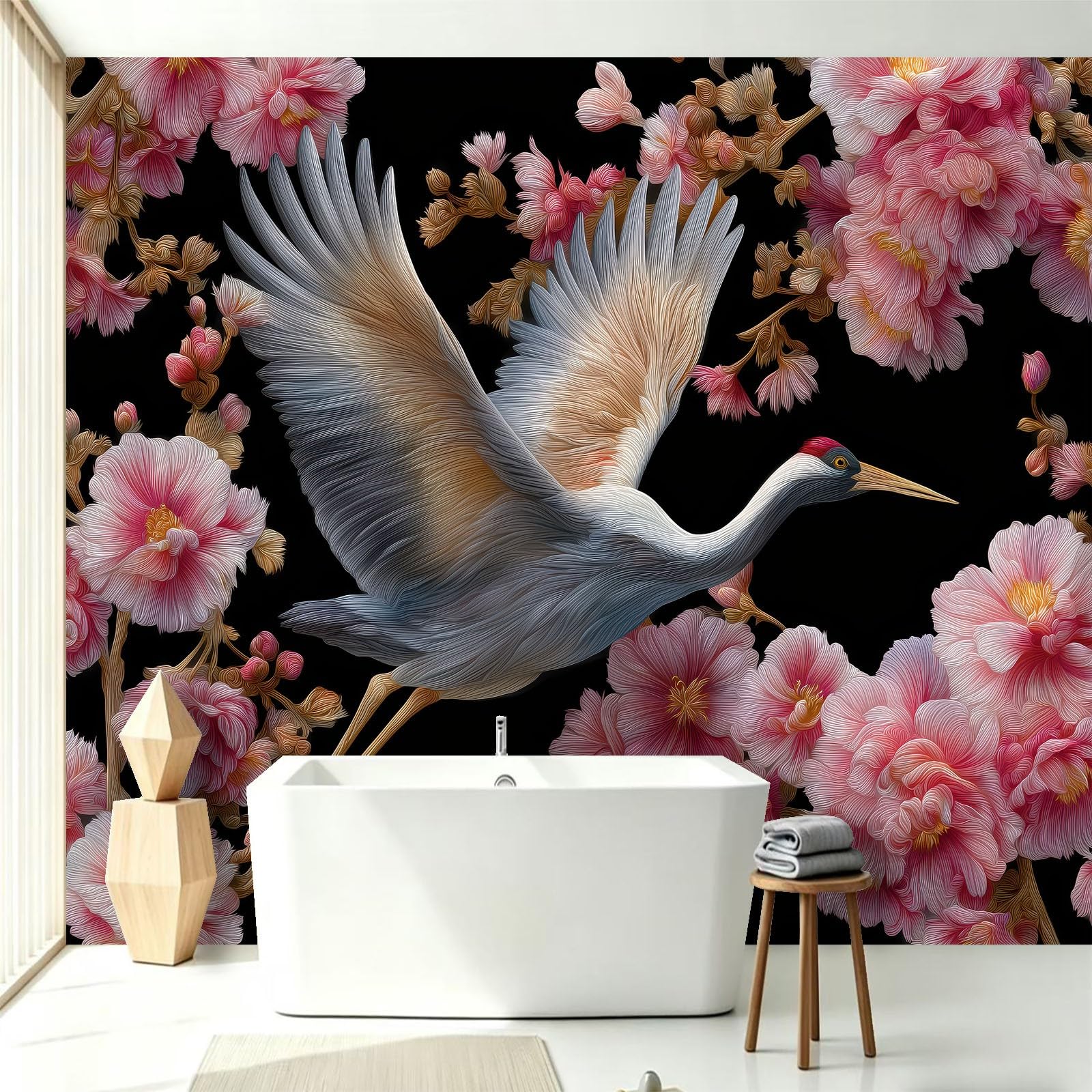 Carta da parati fotografica in tessuto non tessuto con gru e fiori di ciliegio, 200 x 140 cm (larghezza x altezza), motivo cineserie, animali orientali, floreale, per cucina, sala da pranzo, ufficio