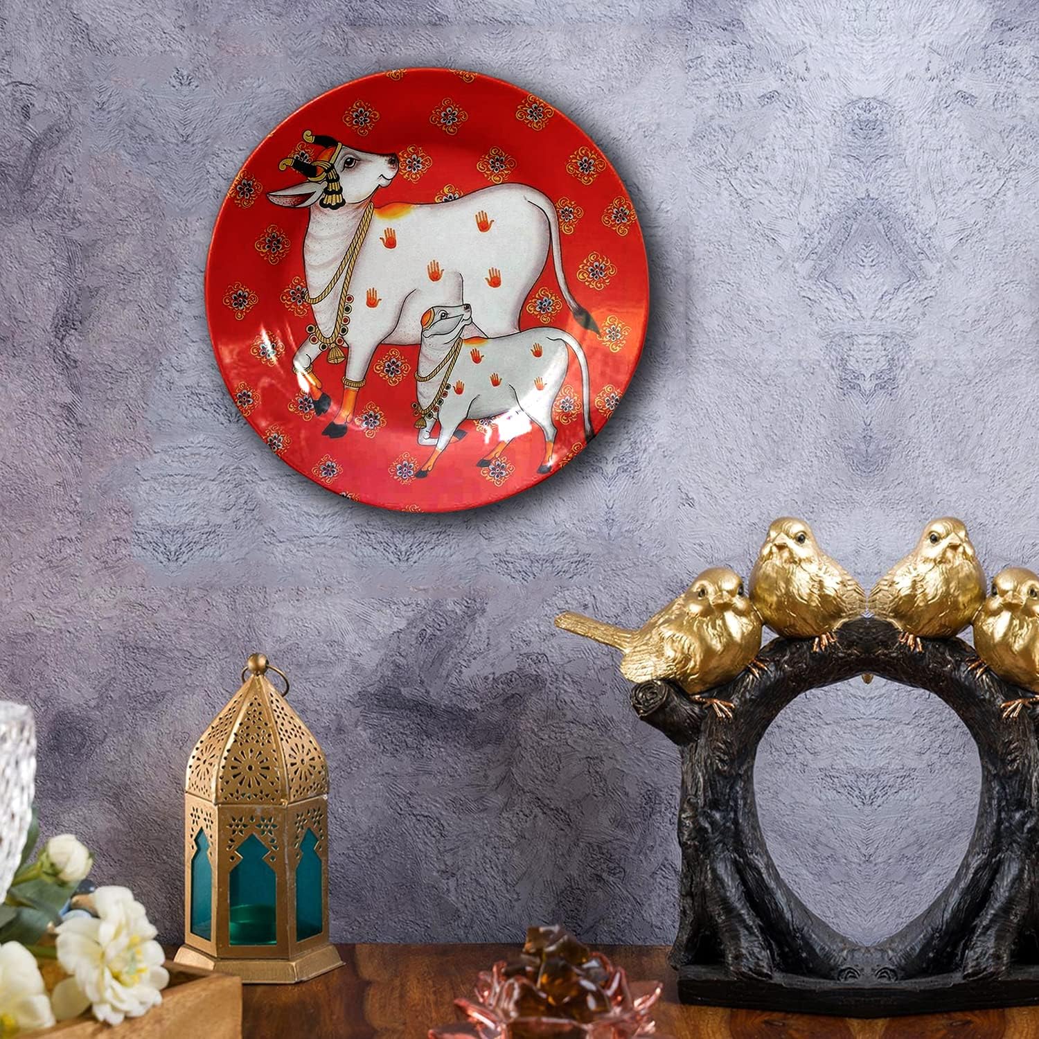 Pichwai Wall Art Ceramic Decorative Wall and Table Top Plate with Stand and Hook, Decorative Wall Plates with Stand for Living Room, Home, Cafe and Office