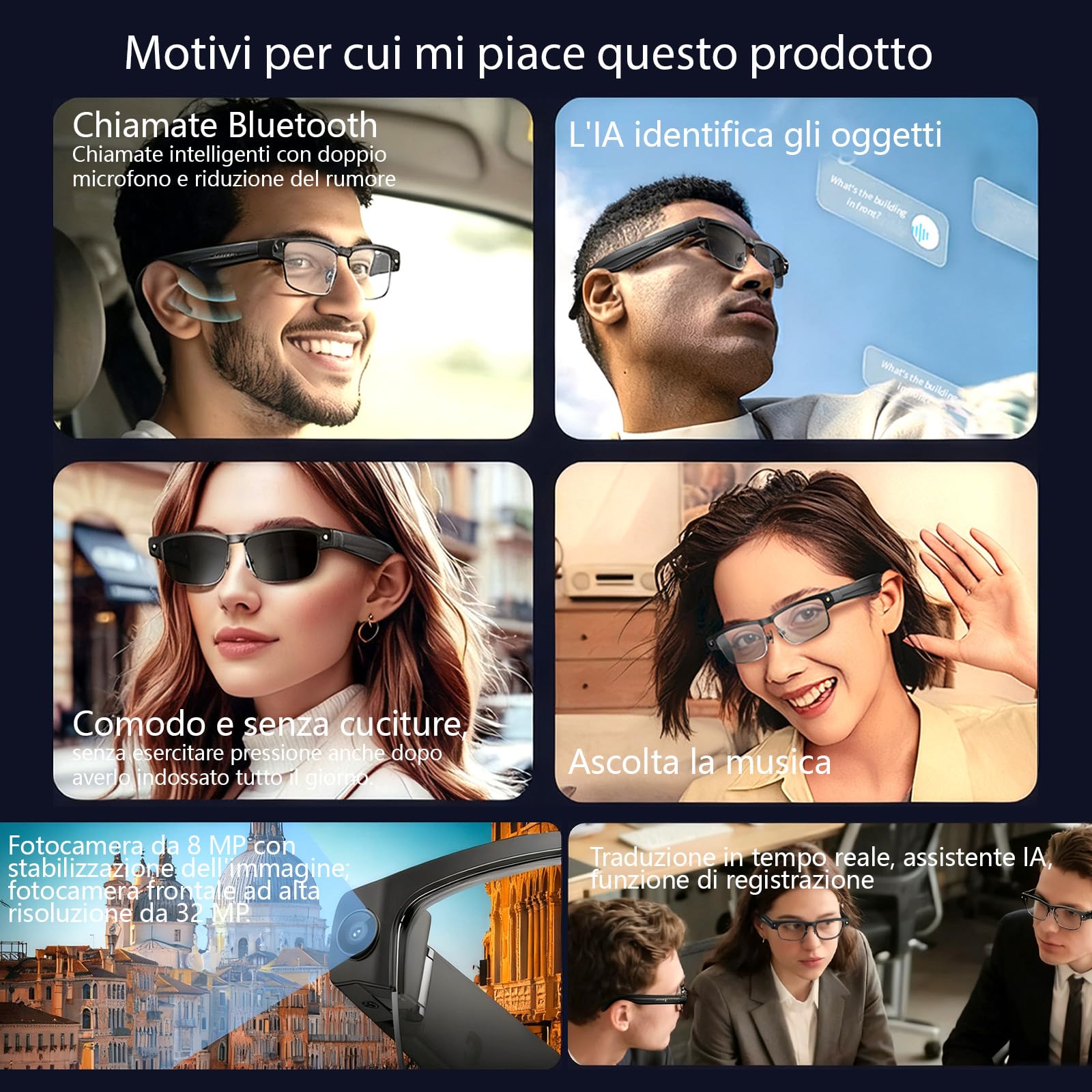 Occhiali Intelligenti AI con Fotocamera 4K, 8MP HD Video Anti-Vibrazione/GPT Vision/Comando Vocale AI, Chiamate e Traduzione BT Doppio Nitido (L802)