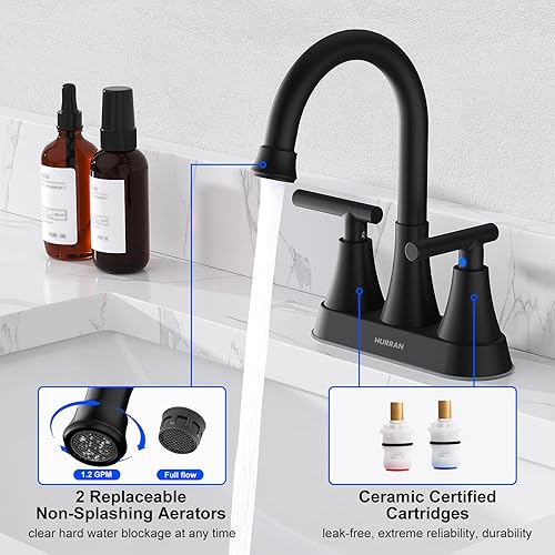 Miniatura 4 de Grifos de baño para fregadero de 3 agujeros, grifo de lavabo de baño negro mate de 4 pulgadas con drenaje desplegable y 2 mangueras de suministro,