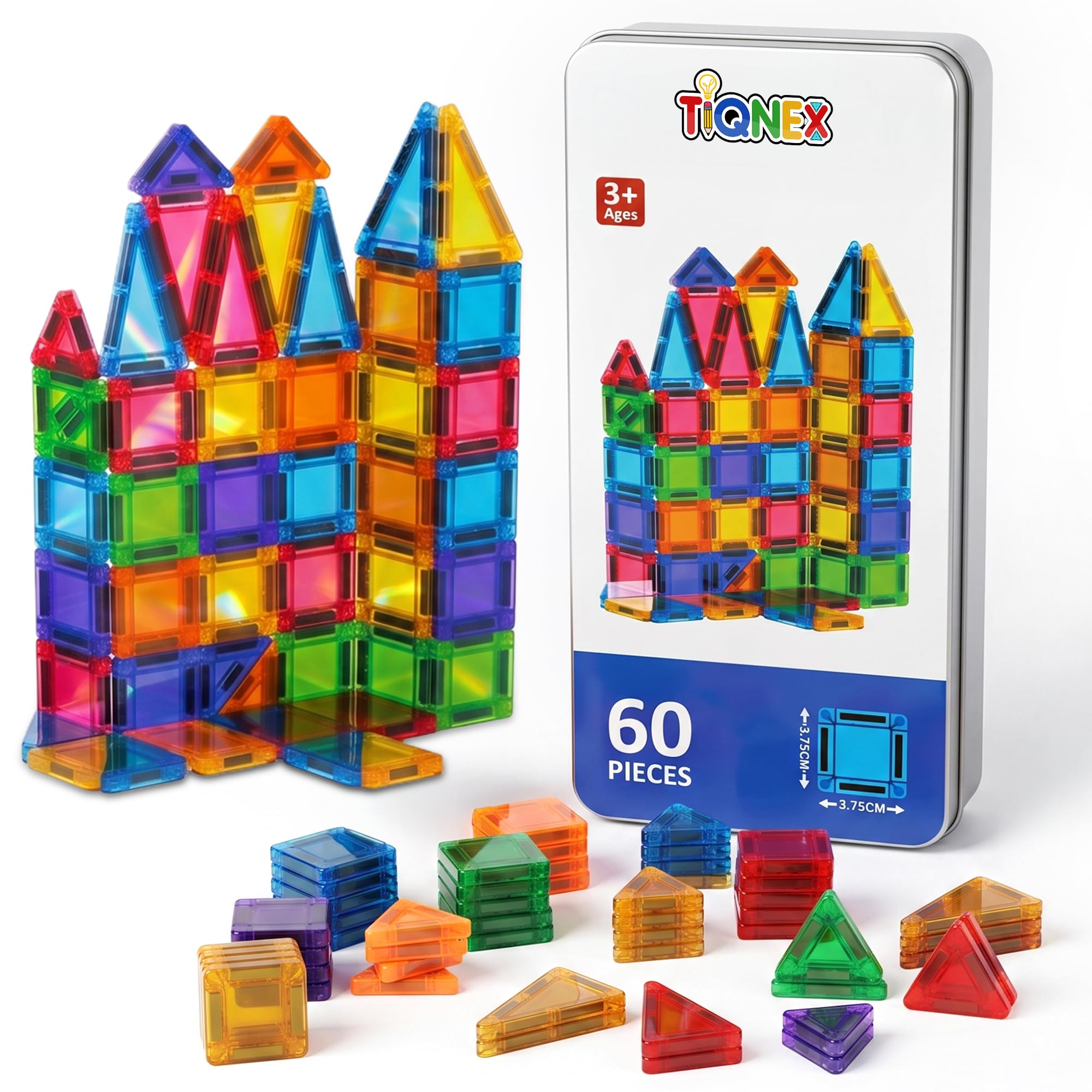 TIQNEX Magnetic Tiles 60 Piece Set with Metal Carry Case | Magnetic Building Blocks for Kids | Magnet Tiles STEM Toy for Boys and Girls Ages 3 4 5 6 7 8