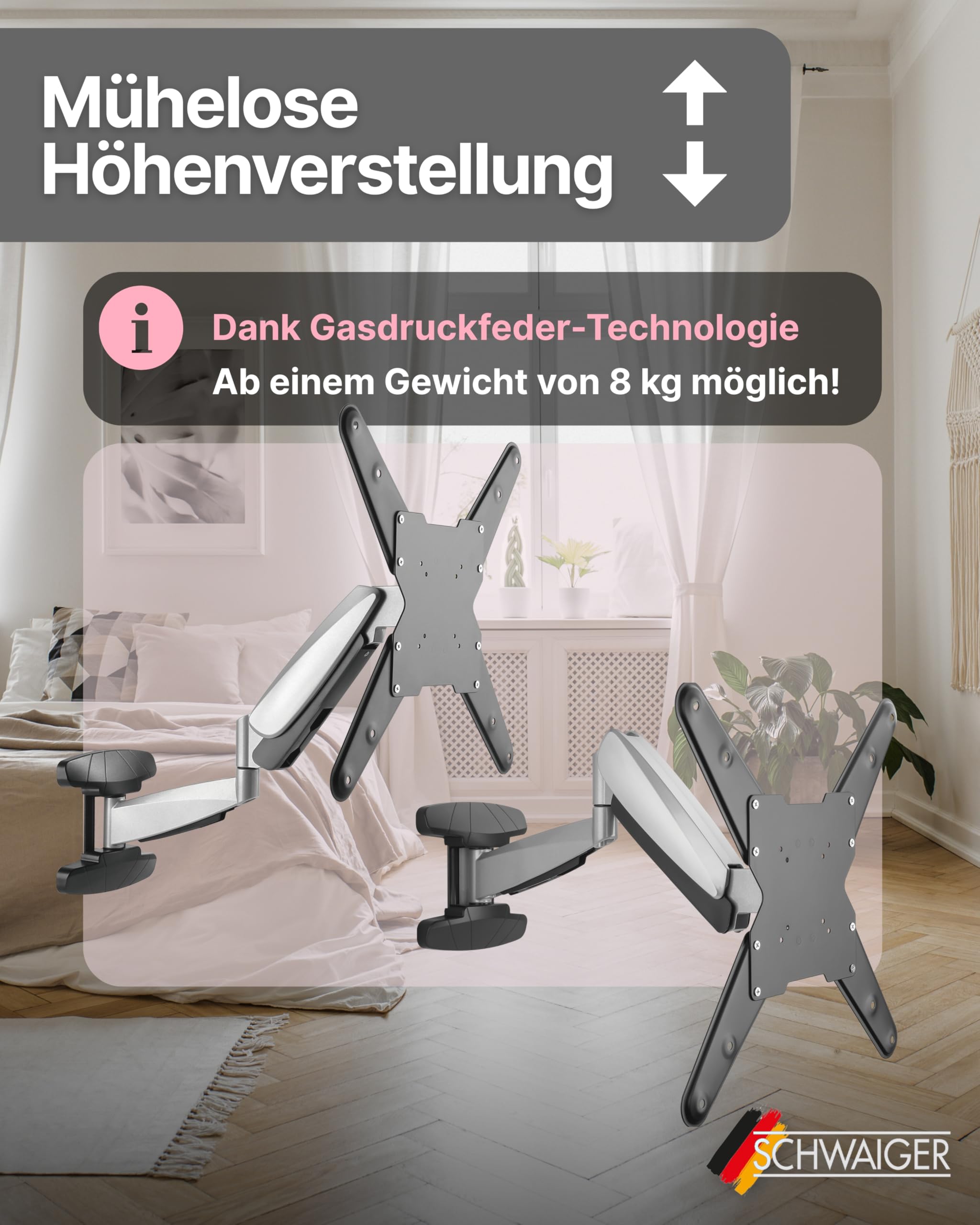 SCHWAIGER TV-Wandhalter Full Motion 1 I 23-55 Zoll Fernseherhalterung I neigbar, schwenkbar, drehbar & höhenverstellbar I Montageset für Flachbildschirme I TV-Halterung mit integrierter Kabelführung