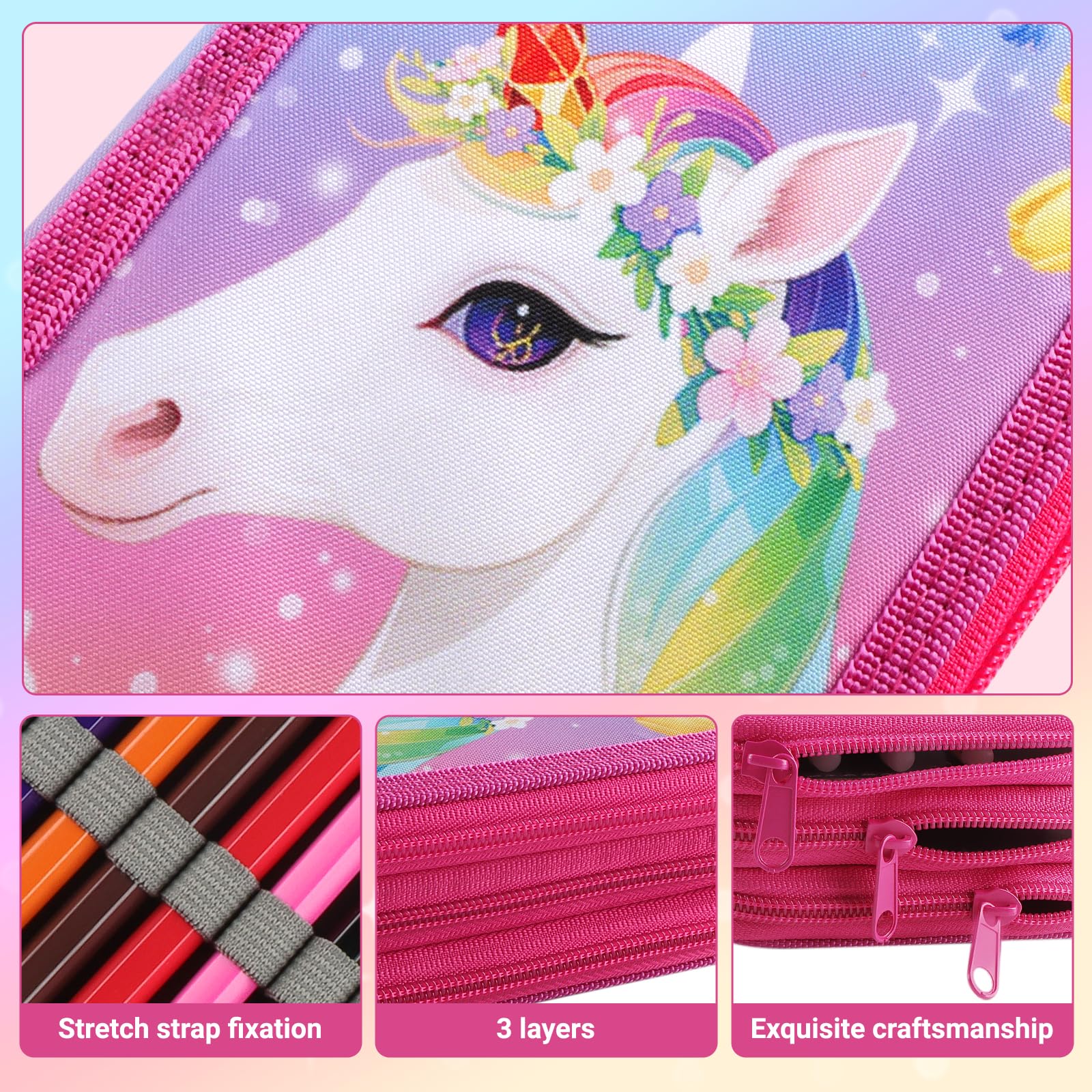 44 Teilen Federmäppchen Einheorne Set Einhorn Federmäppchen 3 Fächer Große Kapazität Mäppchen Mädchen mit Lineal,Wasserfarben,Federtasche Geschenk für Schule Kinder