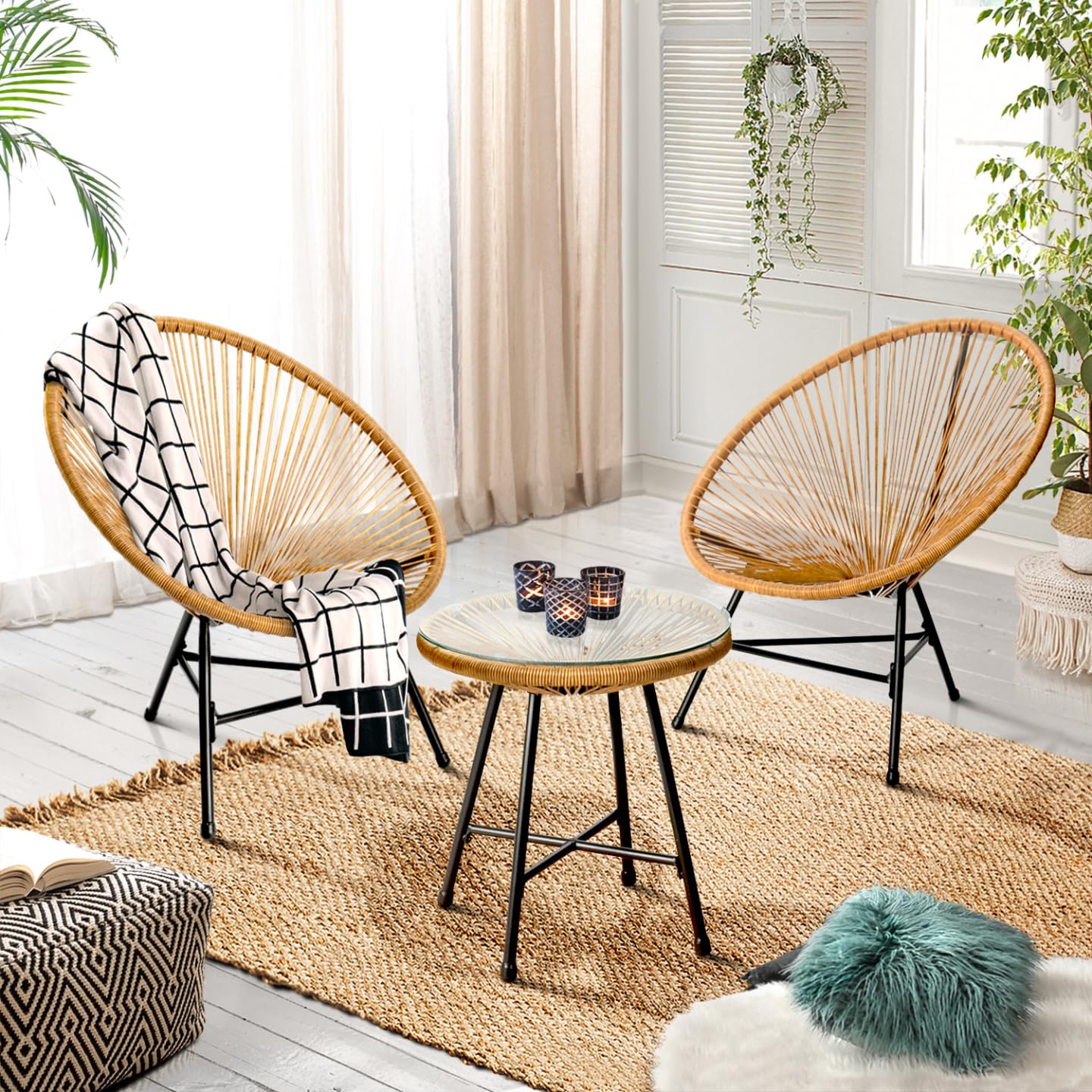 IDMarket - Conjunto de Jardín Izmir con Mesa y 2 Sillas Oeuf de Cuerda Efecto Ratán