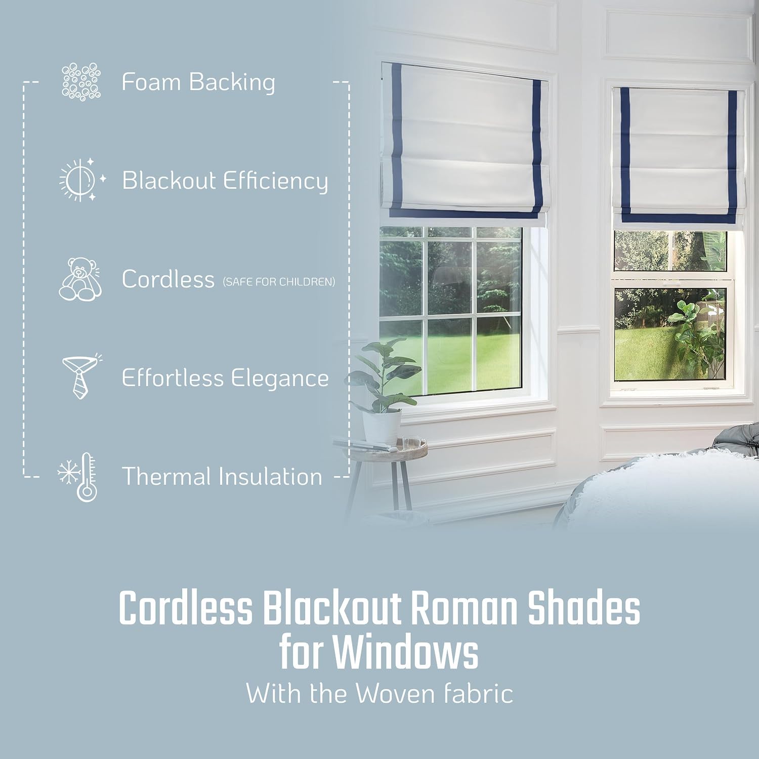 Everyday Celebration Roman Shades, 100% Blackout & Cordless Pull Down, Window Blinds with Ribbon Border, Navy, 26" W X 64" H