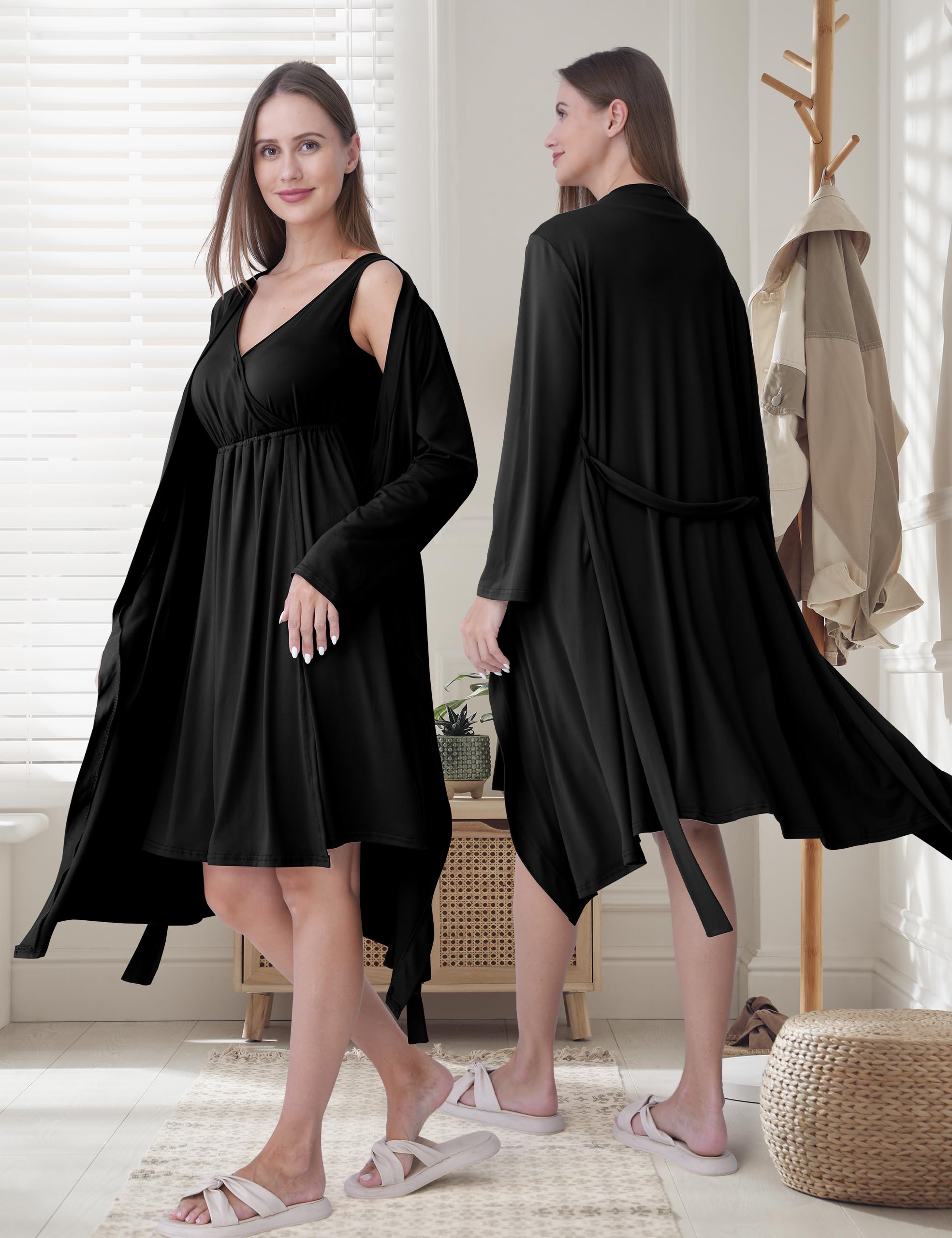 SUNNYBUY Camicia da notte premaman e allattamento con vestaglia, 2 pezzi, 3 in 1, per nascita, letto settimanale e allattamento, biancheria da notte ospedale, nero, S