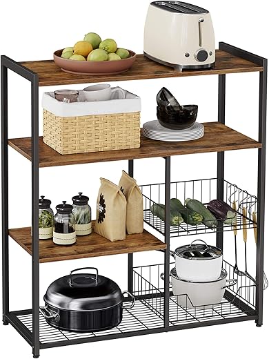 VASAGLE KKS96X Kitchen Shelf with 2 Metal Mesh Baskets, Microwave Shelving Unit with Shelves and Hooks, 35 x 80 x 95 cm, Industrial Style, Rustic Brown and Black Ink