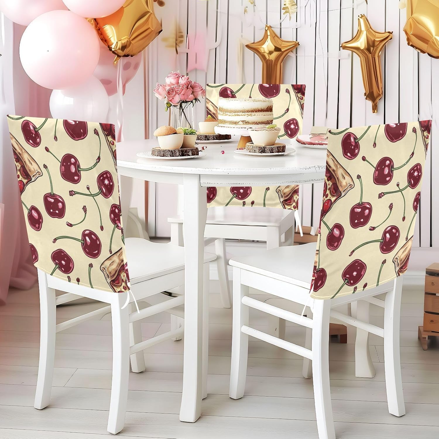 ALAZA Pizza Cherry Chair Back Cover Set of 6, Washable Reusable Removable Chair Slipcovers Decorative Chair Cover for Home Kitchen Wedding Party