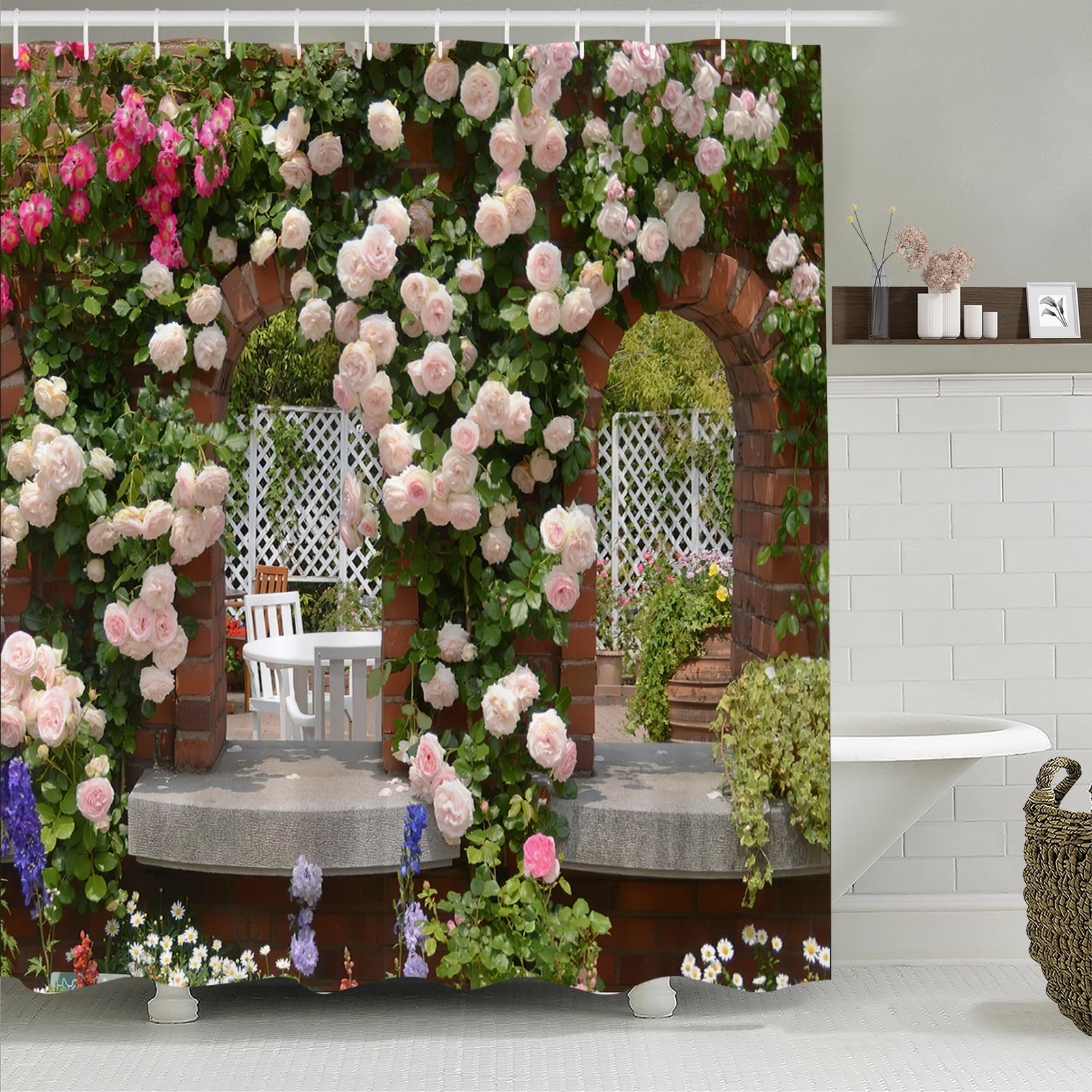 Simpomsy Design Shower Curtain, Pink Rose Shower Curtain Green Plant Spring Garden Landscape Bathroom Curtain Waterproof Cloth Fabric Bathroom Decor Set with Hooks 200x180cm