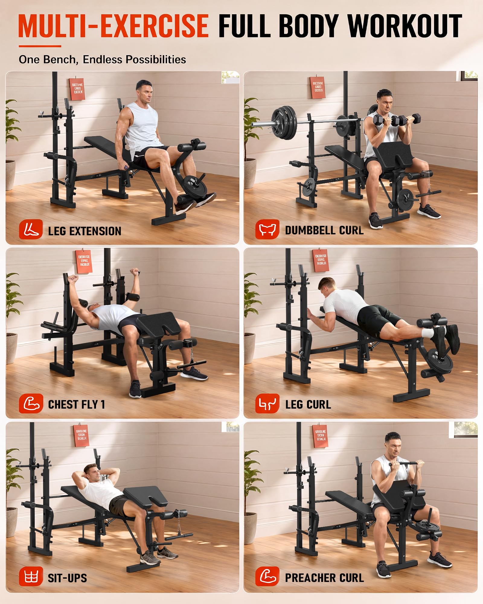 8 in 1 Adjustable Weight Bench Set, Lat Pulldown & Leg Extension Foldable Bench Press Set with Preacher Curl Pad, Chest Fly, Leg Curl, Rack, Full Body Home Gym Strength Training Equipment