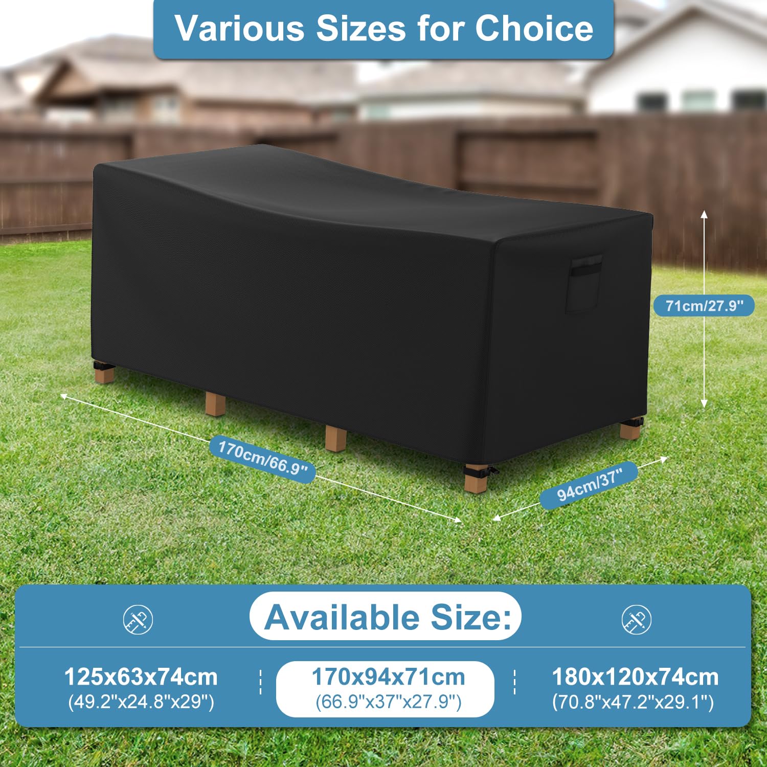 Farfy Copri Copertura Mobili da Giardino Impermeabile 170x94x71cm, Copertura Tavolo Esterno in Tessuto Oxford 600D, con Ventilazione, Cinghie in Fibbia Antivento, Anti-UV, A Prova di Strappo