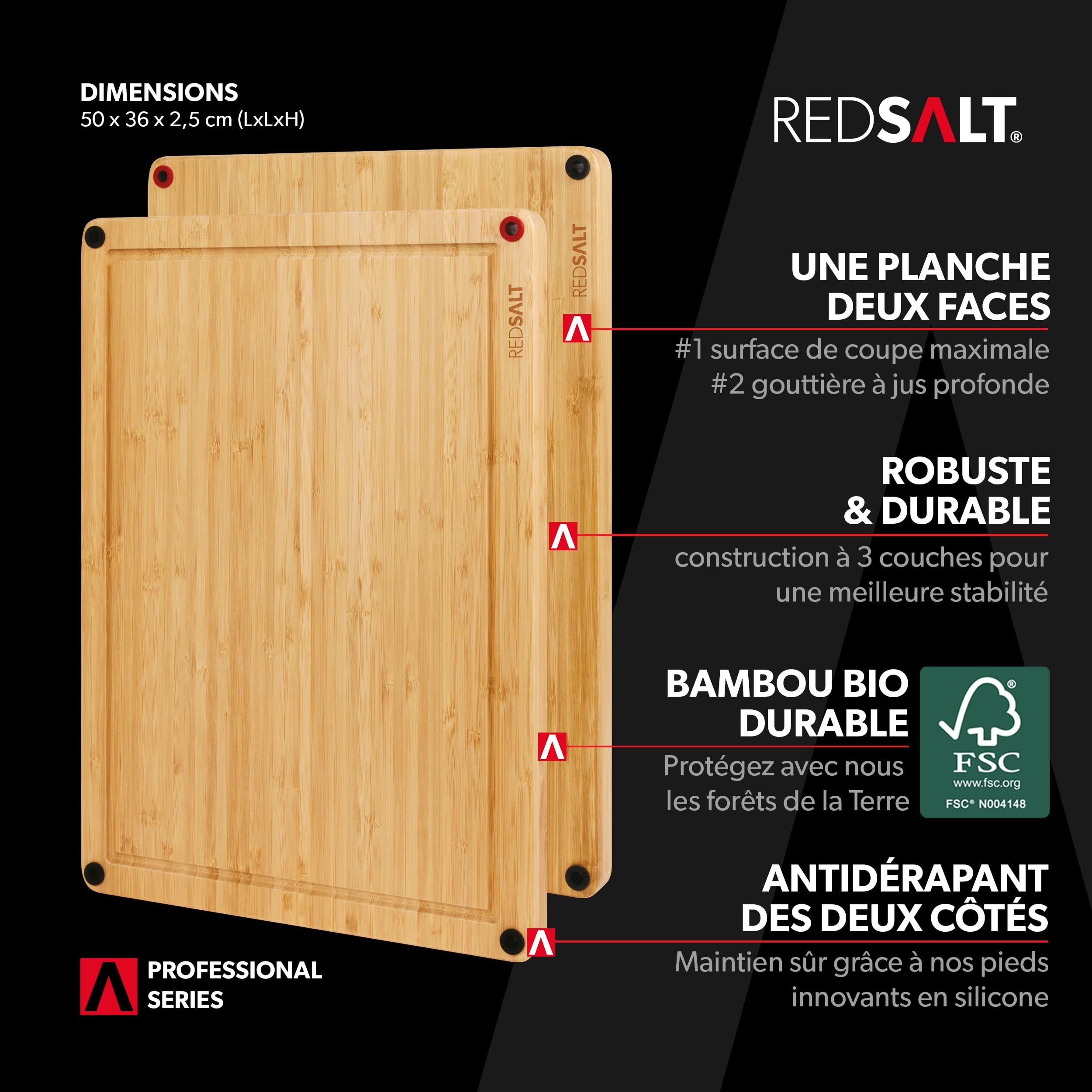 REDSALT Planche à découper innovante en bois de bambou XL 50 × 36 × 2,5 cm | Antidérapante, double face, antibactérienne, rainure profonde pour jus | Grande planche en bois de qualité supérieure pour