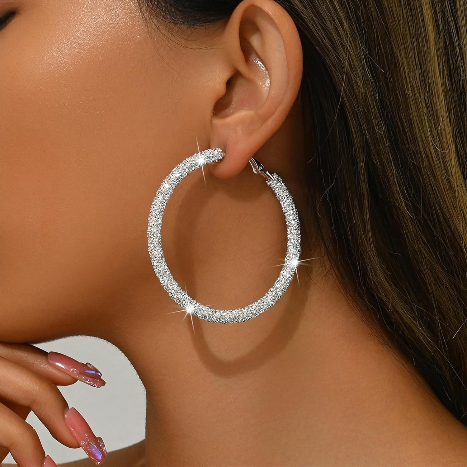 Multcolors Cubic Zirconia Hoop Earrings For Women Statement Oval Rhinestone Hoop Earrings 14K Gold Plated Chunky Hoop Earrings Dainty Lightweight Big Earrings Trendy Jewelry (55MM/45MM) - Image 6