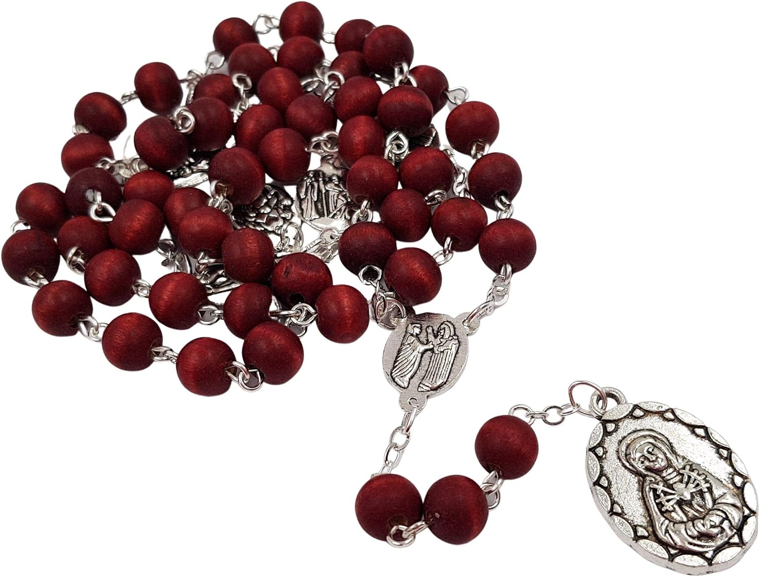 TALISMAN4U Seven Sorrows of Mary Rosary Chaplet Red Rose Scented Wooden Beads Catholic Jewelry Necklace for Women Men with Rosary Box