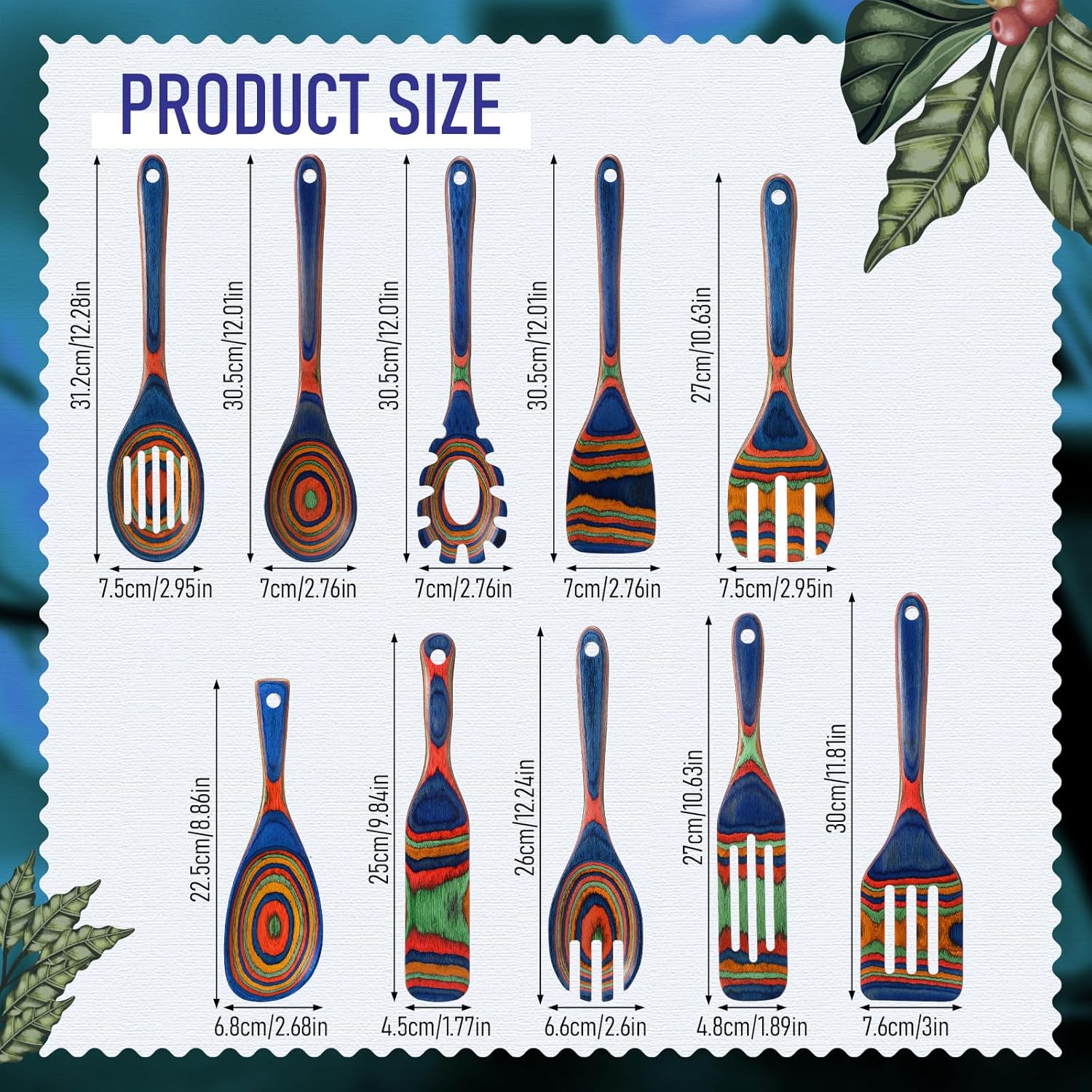 10 Pcs Pakkawood Kitchen Utensils Set Blue Rainbow Pakkawood Wooden Spoons for Cooking with Spatula, Slotted Turner, Rice Paddle Long Handle Non Stick Utensils Set for Household Women Gifts