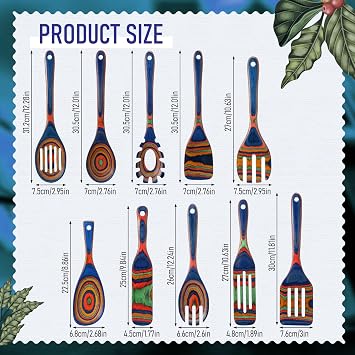 Teenyyou 10 Pcs Pakkawood Kitchen Utensils Set Blue Rainbow Pakkawood Wooden Spoons for Cooking with Spatula, Slotted Turner, Rice Paddle Long Handle Non Stick Utensils Set for Household Women Gifts