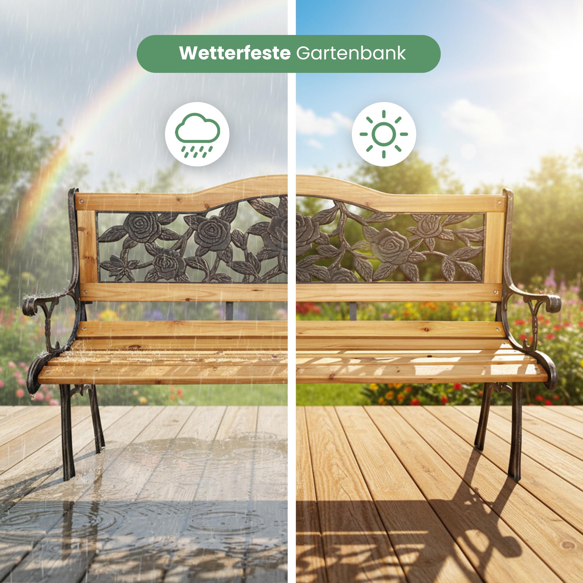 AKORD Gartenbank ROSA | Bank Garten mit Lackiertem Holz und Gusseisernen Beinen | Sitzbank Draußen Wetterfest | Outdoor Holzbank | Gartenbänke mit Armlehne | Parkbank | Breite 118 cm | Braun