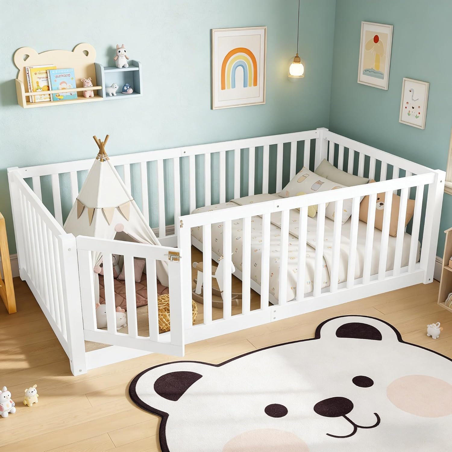 Twin Size Floor Bed with Detachable Door, Wood Kids Floor Bed Twin with Full-length Guardrails, Montessori Floor Bed Frame for Kids, Boys, Girls, Design for Bedroom, Nursery, Childlike Style, White