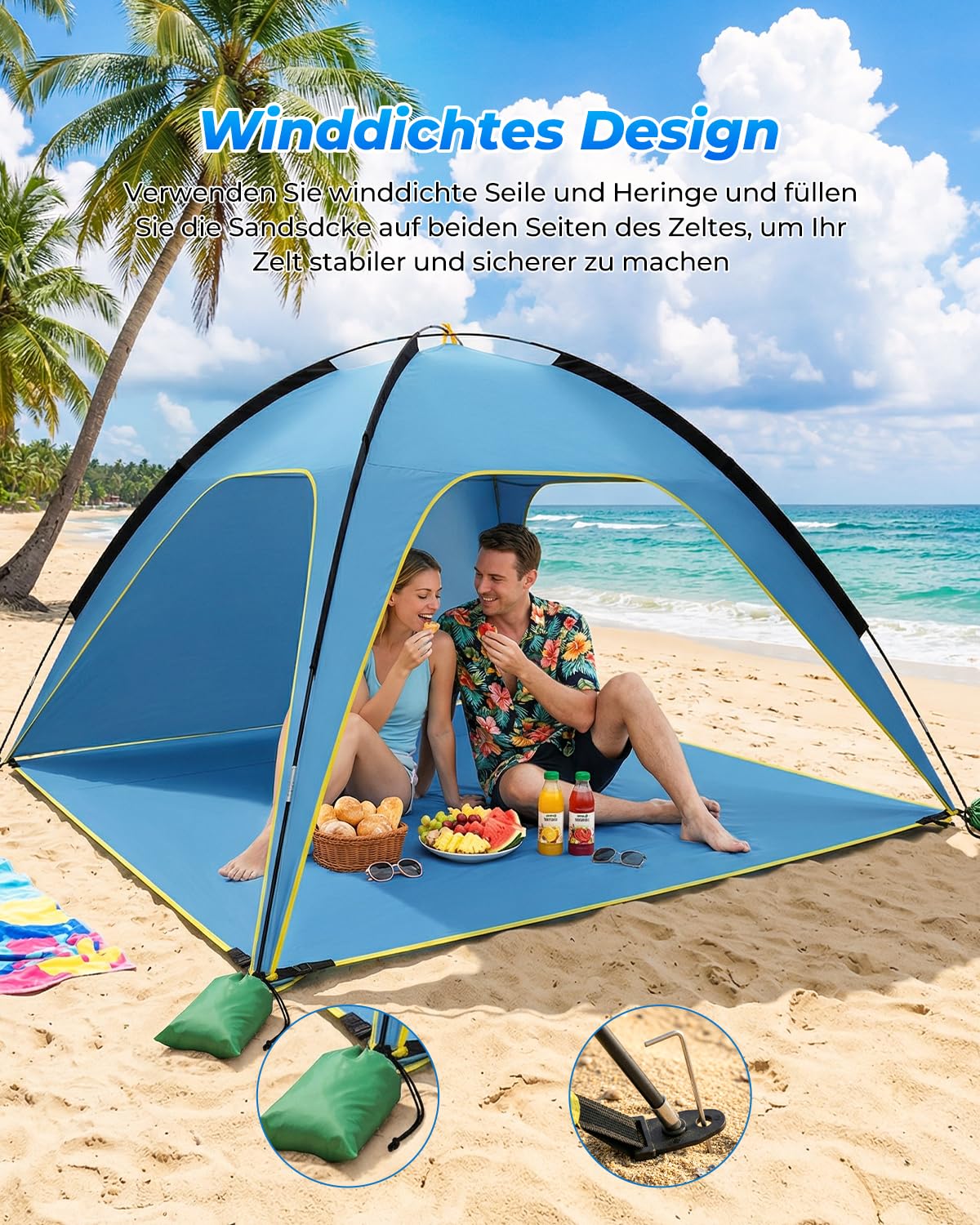 MYMULIKE UV50+ namiot plażowy, ochrona przed słońcem, 210 x 210 x 130 cm, dla 4-6 osób, poliester 190T, z drążkami z włókna szklanego 8 mm, przenośny, z workami z piaskiem / śledziami plażowymi
